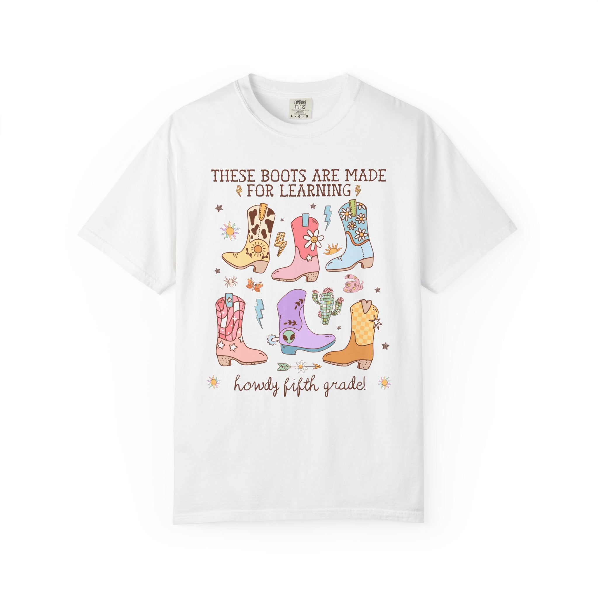Western Fifth Grade Teacher Tee Shirt for Back To School: These Boots Are Made for Learning, Funny Saying Fifth Grade Crew or Team Tee - Opal and June