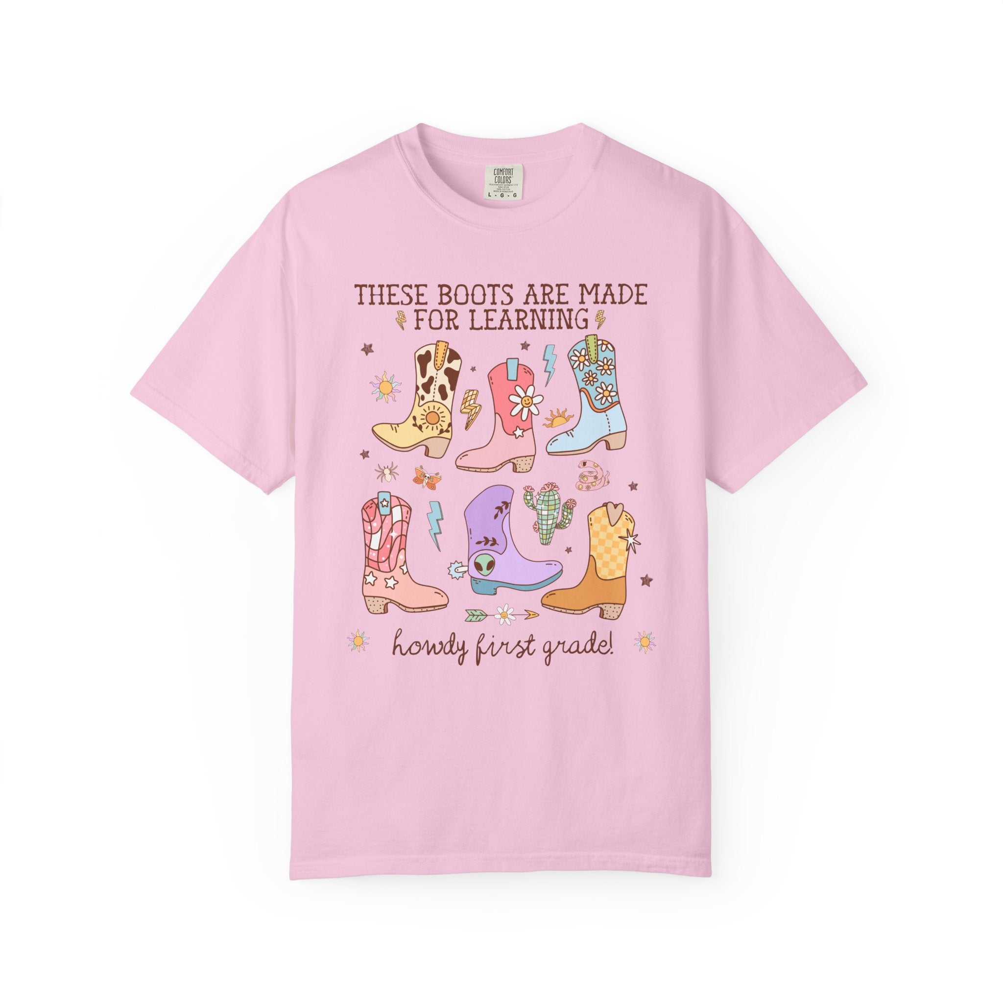 Western First Grade Teacher Tee Shirt for Back To School: These Boots Are Made for Learning, Funny Saying First Grade Crew or Team Tee - Opal and June