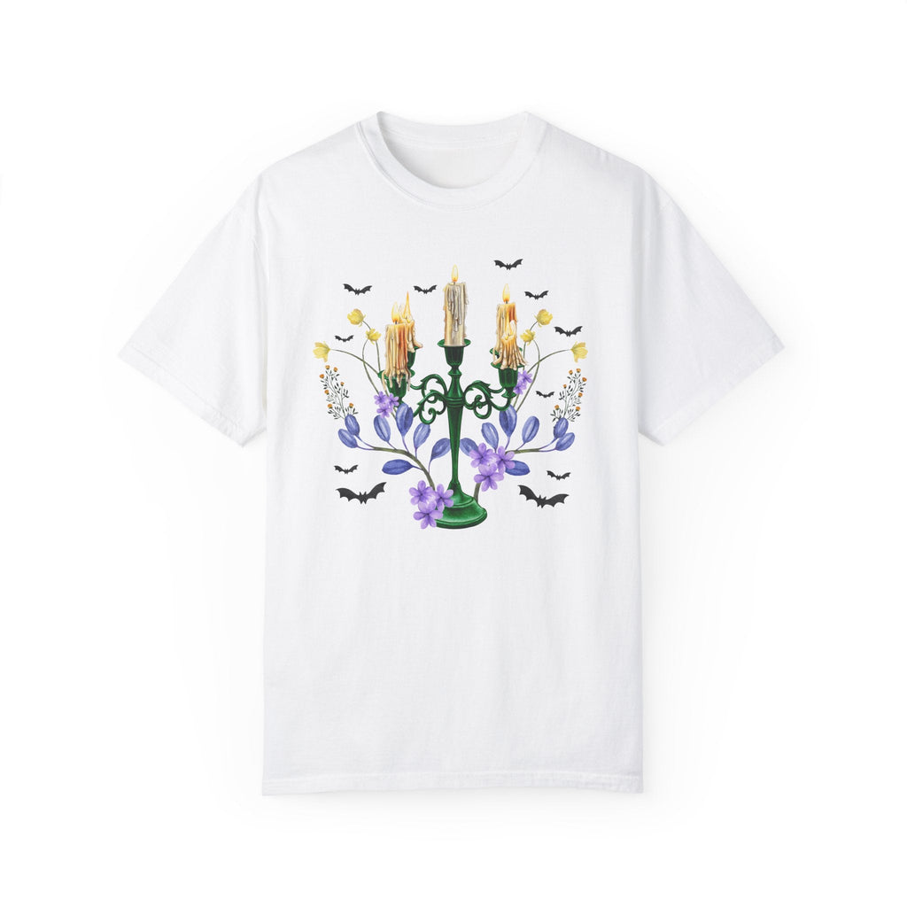 Whimsigoth Halloween Tee Shirt with Witchy Vibes and Watercolor Bats: Cute Candelabra Shirt for Fall | Floral Cottagecore Gothic Tee Shirt - Opal and June