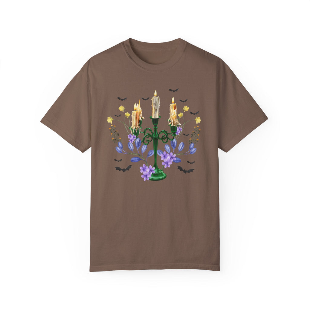 Whimsigoth Halloween Tee Shirt with Witchy Vibes and Watercolor Bats: Cute Candelabra Shirt for Fall | Floral Cottagecore Gothic Tee Shirt - Opal and June