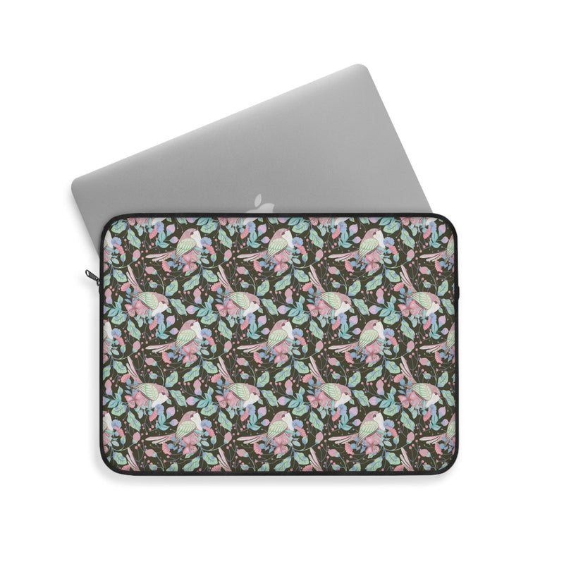 Whimsigoth Laptop Sleeve with Academia Vibes: Colorful Pastel Birds on Dark Background - Opal and June