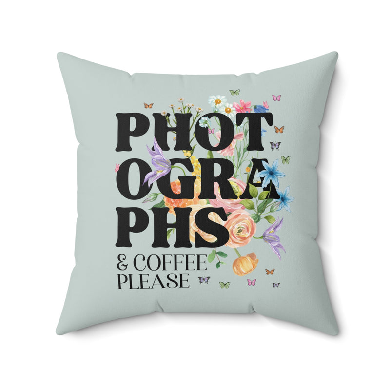 Whimsigoth Photographer Pillow for Photography Office or Studio: Photographs and Coffee, Floral Cottagecore Decor with Boho Butterflies - Opal and June