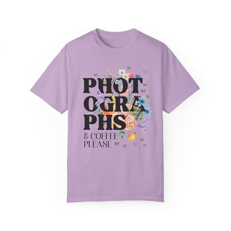 Whimsigoth Photographer Tee Shirt for Photographer Who Loves Flowers: Photographs and Coffee, Floral Cottagecore Shirt with Boho Butterflies - Opal and June