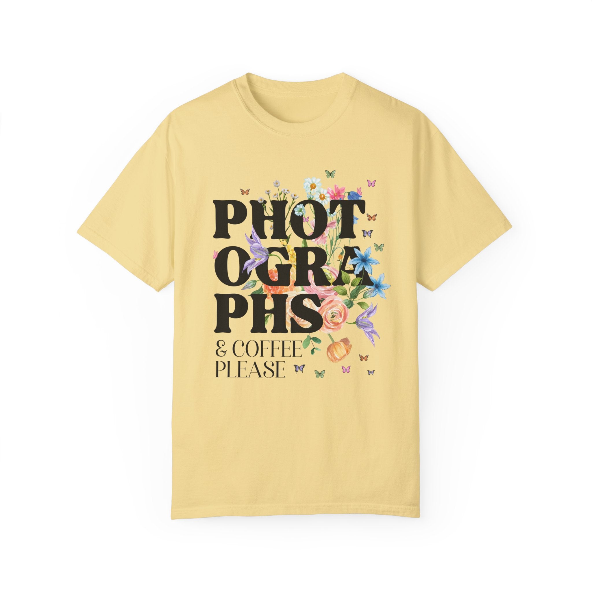 Whimsigoth Photographer Tee Shirt for Photographer Who Loves Flowers: Photographs and Coffee, Floral Cottagecore Shirt with Boho Butterflies - Opal and June