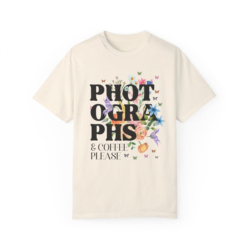 Whimsigoth Photographer Tee Shirt for Photographer Who Loves Flowers: Photographs and Coffee, Floral Cottagecore Shirt with Boho Butterflies - Opal and June