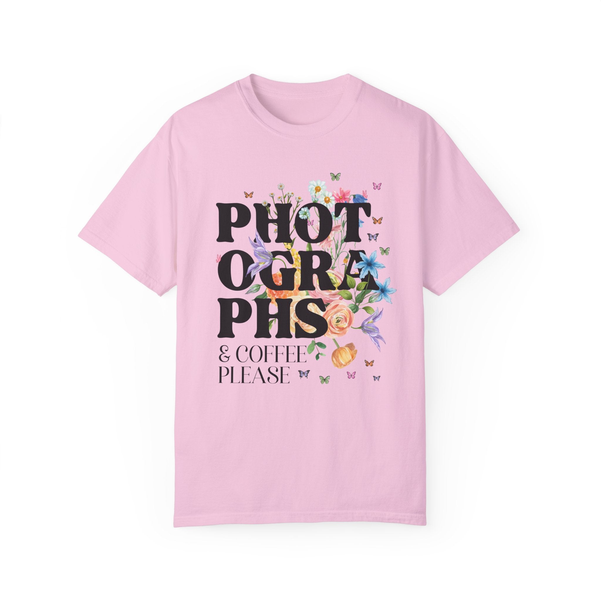 Whimsigoth Photographer Tee Shirt for Photographer Who Loves Flowers: Photographs and Coffee, Floral Cottagecore Shirt with Boho Butterflies - Opal and June