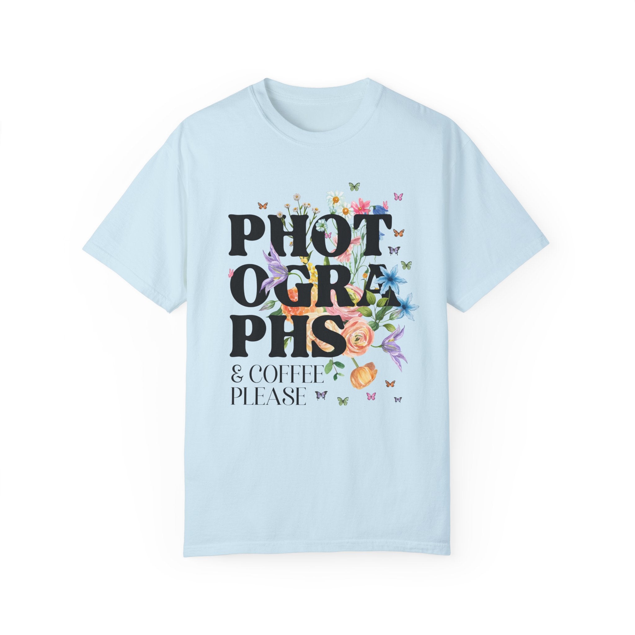Whimsigoth Photographer Tee Shirt for Photographer Who Loves Flowers: Photographs and Coffee, Floral Cottagecore Shirt with Boho Butterflies - Opal and June