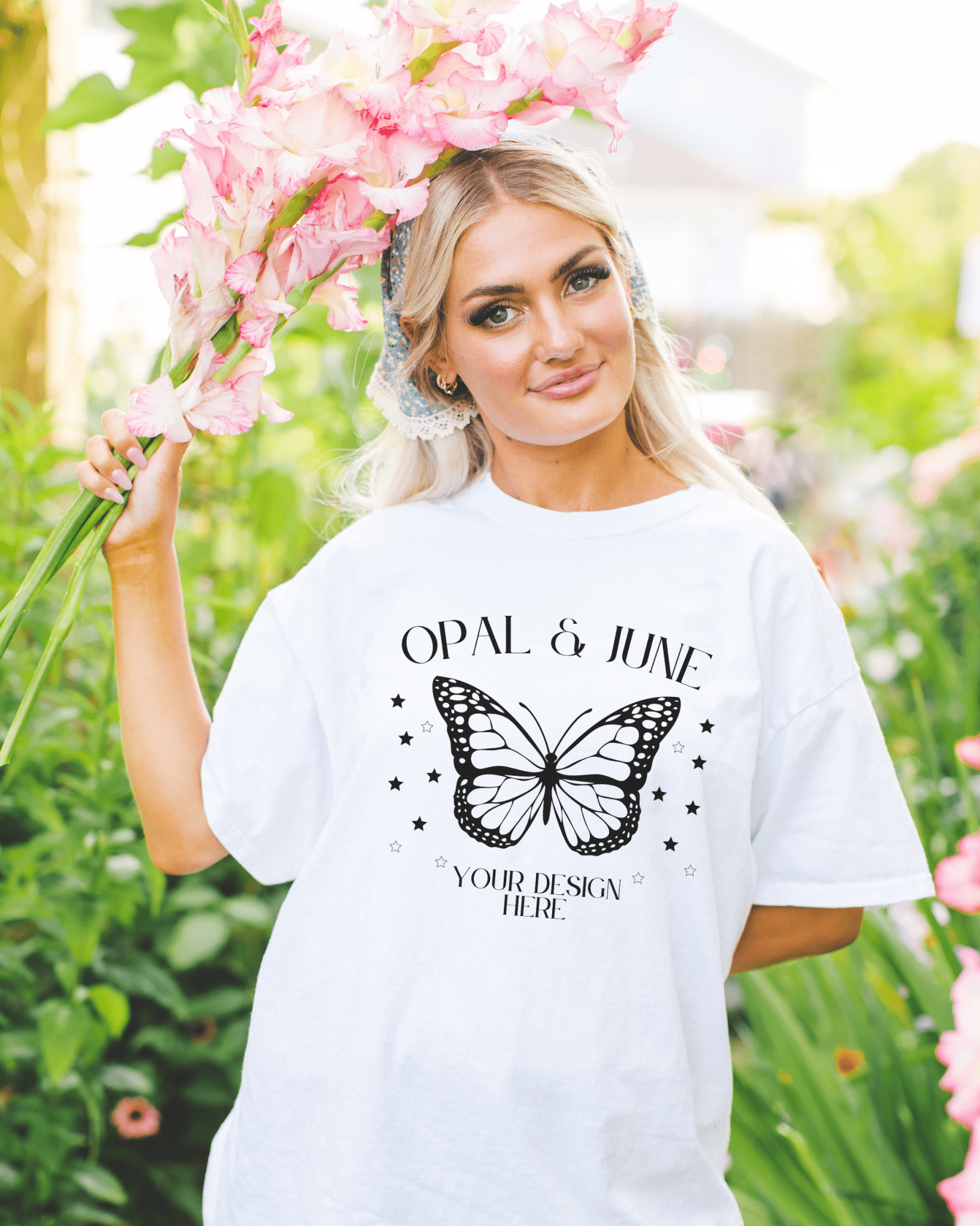 White Shirt Mockup: Gildan 5000 | Summer Garden - Opal and June