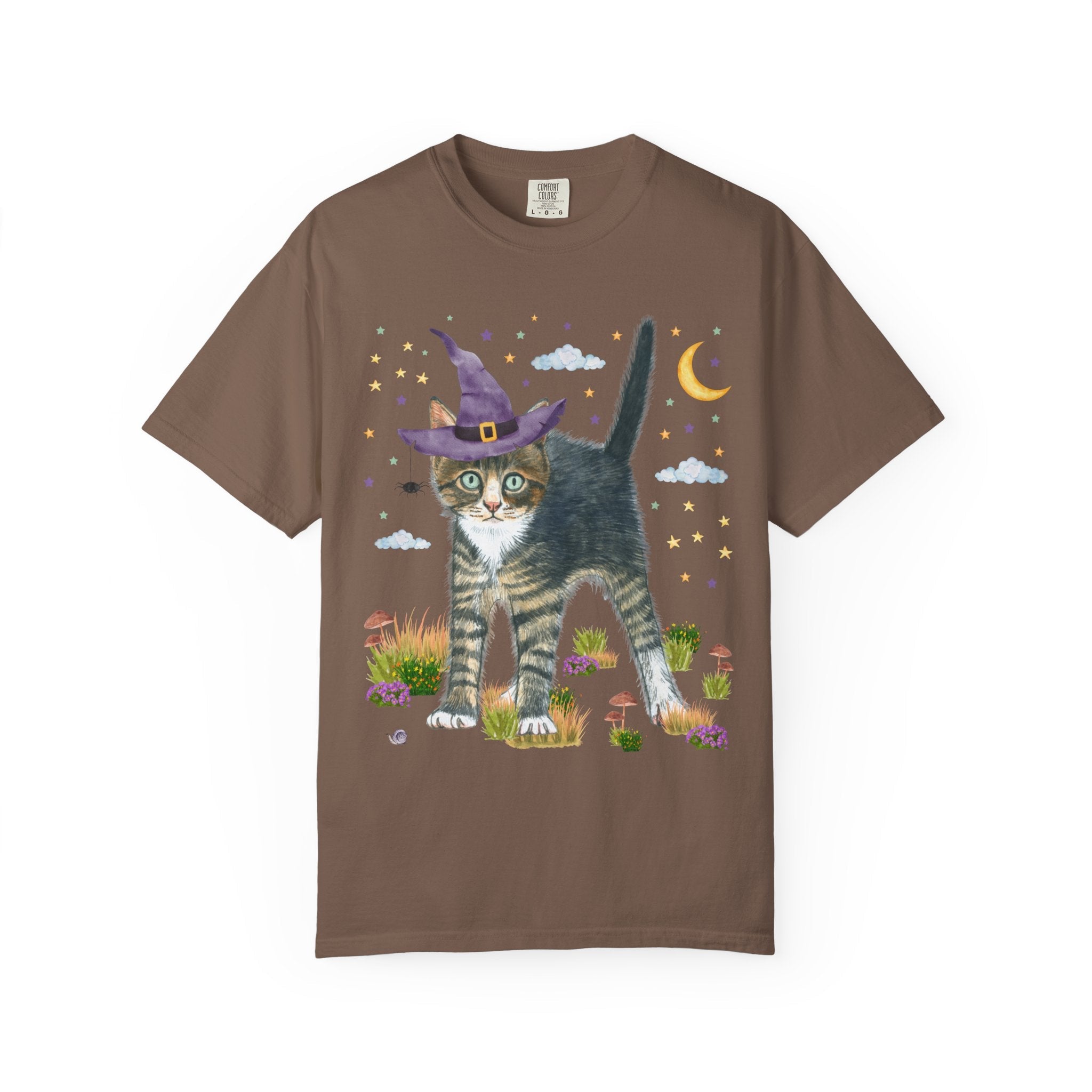 Witchy Halloween Kitten Tee Shirt with Pumpkins and Bats: 90s Aesthetic Goblincore Cat Mom or Cat Dad Tee, Spooky Season, Animal Lover Tee - Opal and June