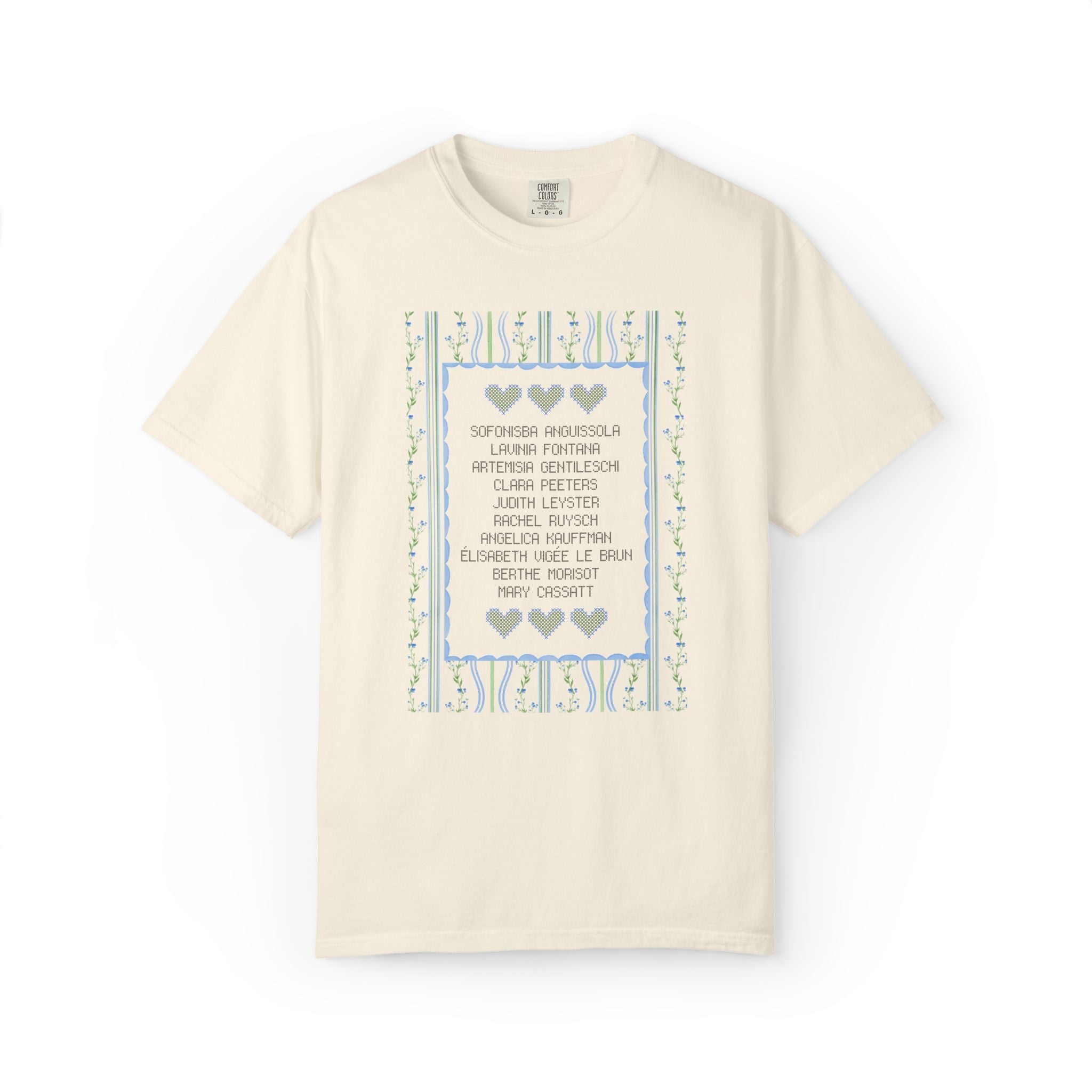 Women's Art History Tee Shirt with Flowers and Hearts: Cute History Buff T-Shirt, Famous Female Painters Before 1900, Humanities Professor - Opal and June