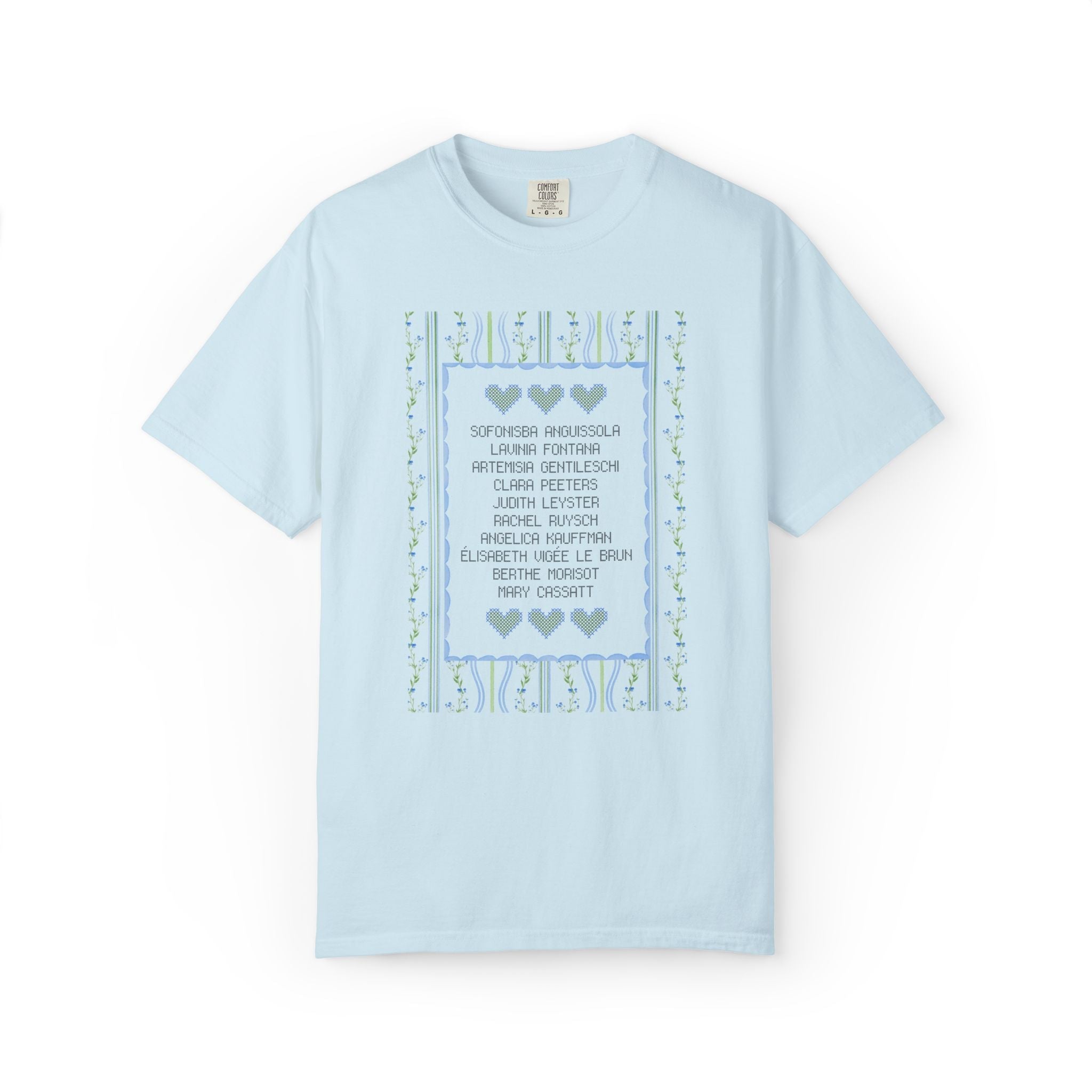 Women's Art History Tee Shirt with Flowers and Hearts: Cute History Buff T-Shirt, Famous Female Painters Before 1900, Humanities Professor - Opal and June
