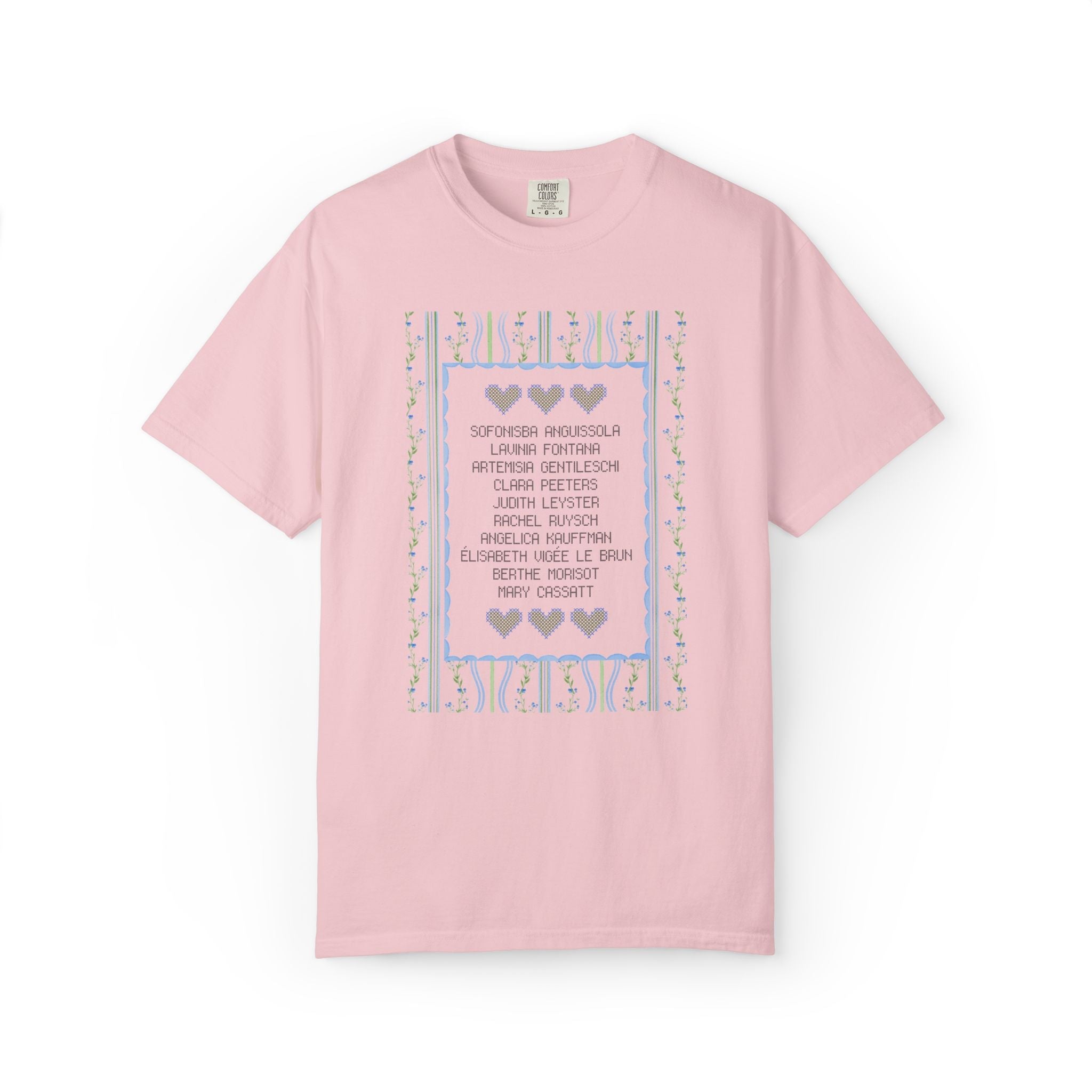 Women's Art History Tee Shirt with Flowers and Hearts: Cute History Buff T-Shirt, Famous Female Painters Before 1900, Humanities Professor - Opal and June