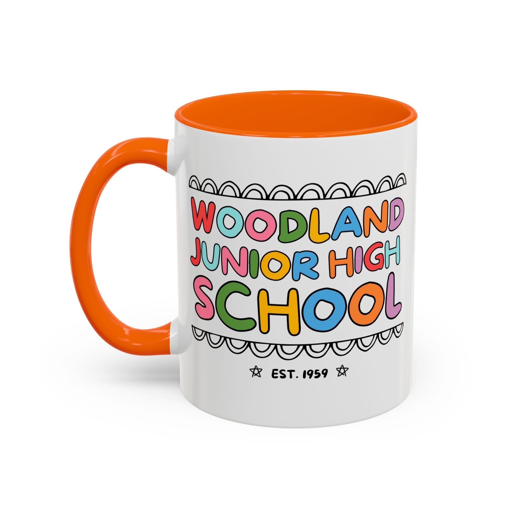 Woodland Junior High: Rainbow Letters 11 Oz Coffee Mug | FPS + Opal and June Coffee Mug, Fayetteville Public Schools - Opal and June