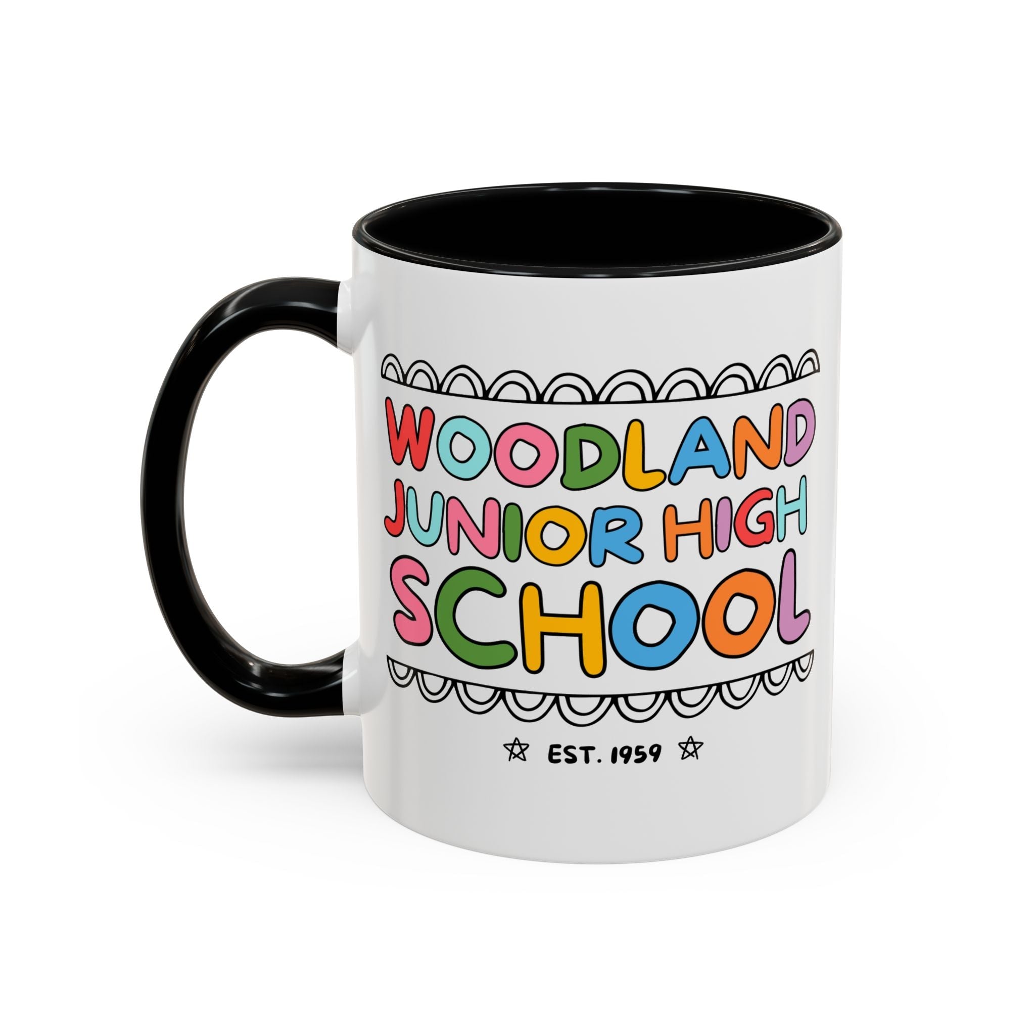 Woodland Junior High: Rainbow Letters 11 Oz Coffee Mug | FPS + Opal and June Coffee Mug, Fayetteville Public Schools - Opal and June