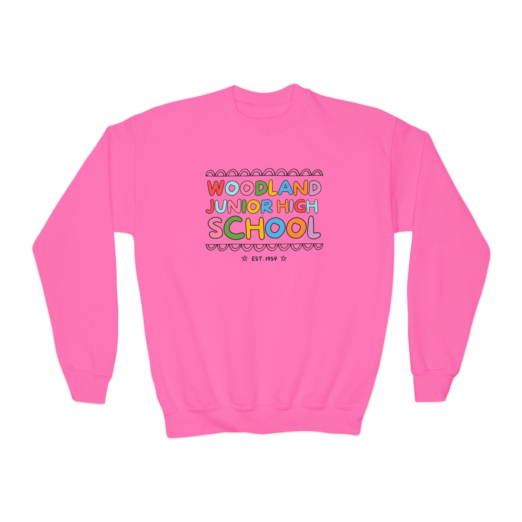 Woodland Junior High: Rainbow Letters Kids Sweatshirt | FPS + Opal and June Kids Sweatshirt, Fayetteville Public Schools - Opal and June