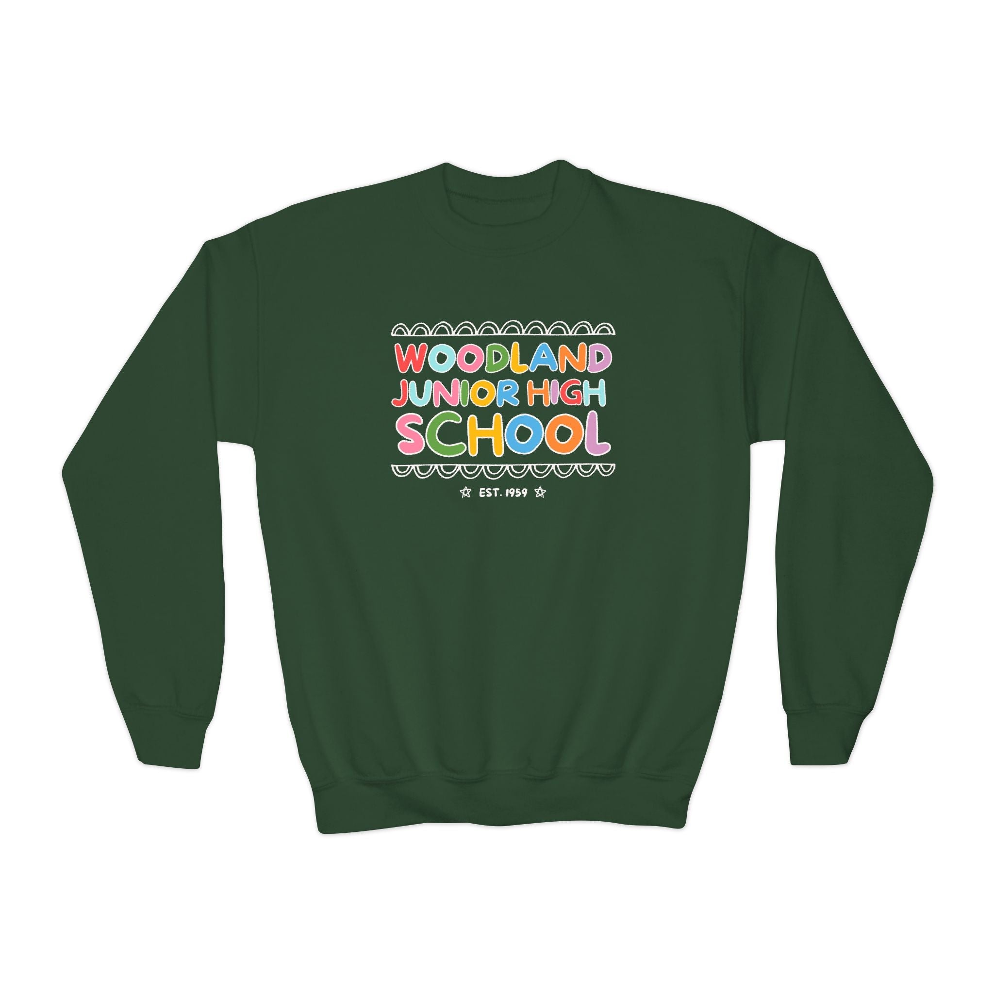 Woodland Junior High: Rainbow Letters Kids Sweatshirt | FPS + Opal and June Kids Sweatshirt, Fayetteville Public Schools - Opal and June
