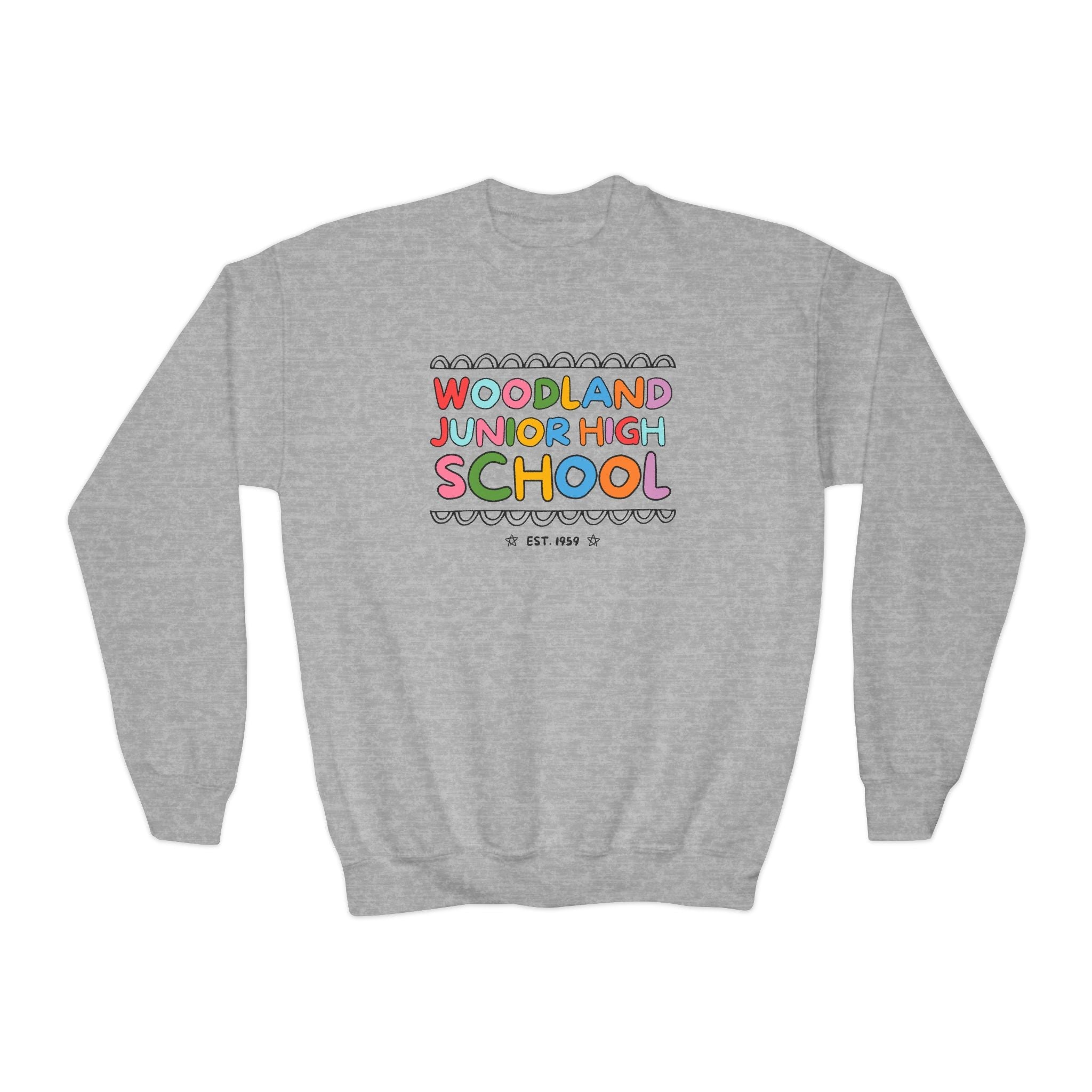 Woodland Junior High: Rainbow Letters Kids Sweatshirt | FPS + Opal and June Kids Sweatshirt, Fayetteville Public Schools - Opal and June