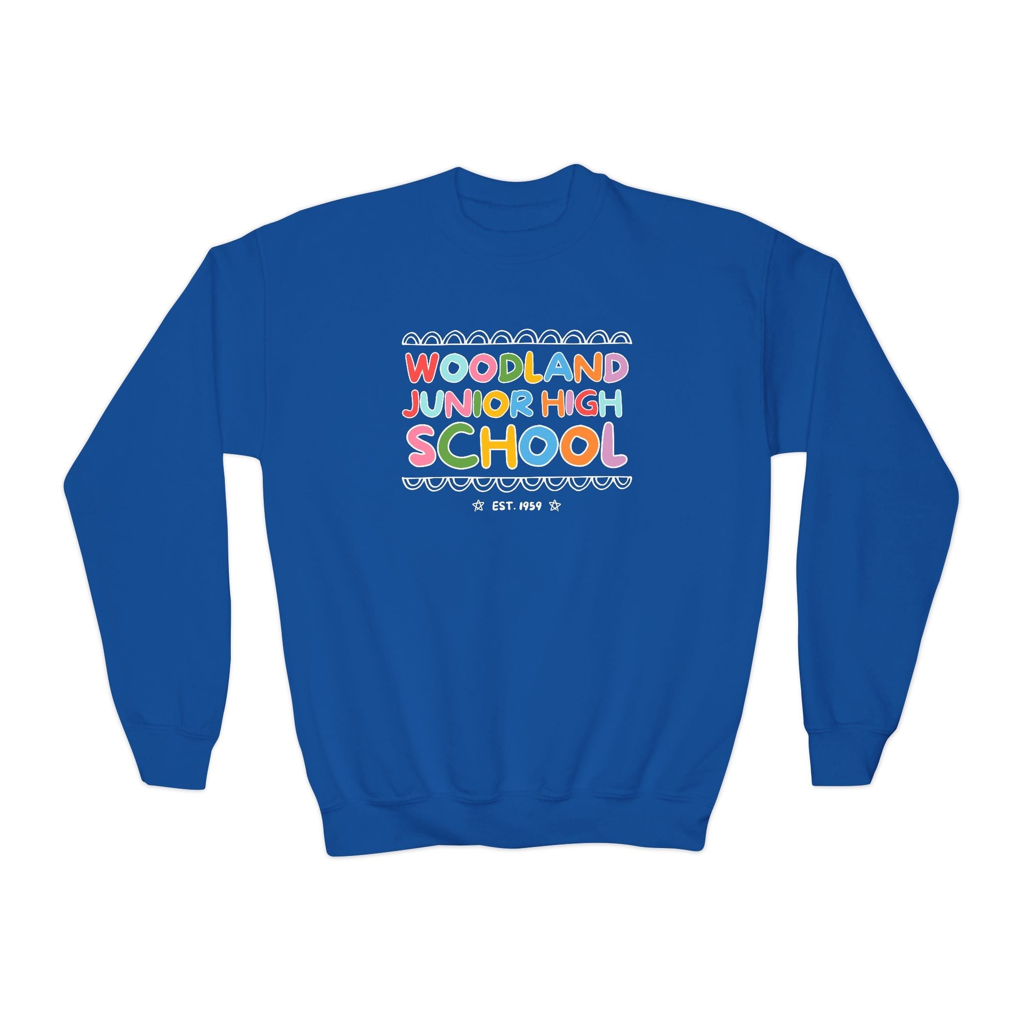 Woodland Junior High: Rainbow Letters Kids Sweatshirt | FPS + Opal and June Kids Sweatshirt, Fayetteville Public Schools - Opal and June