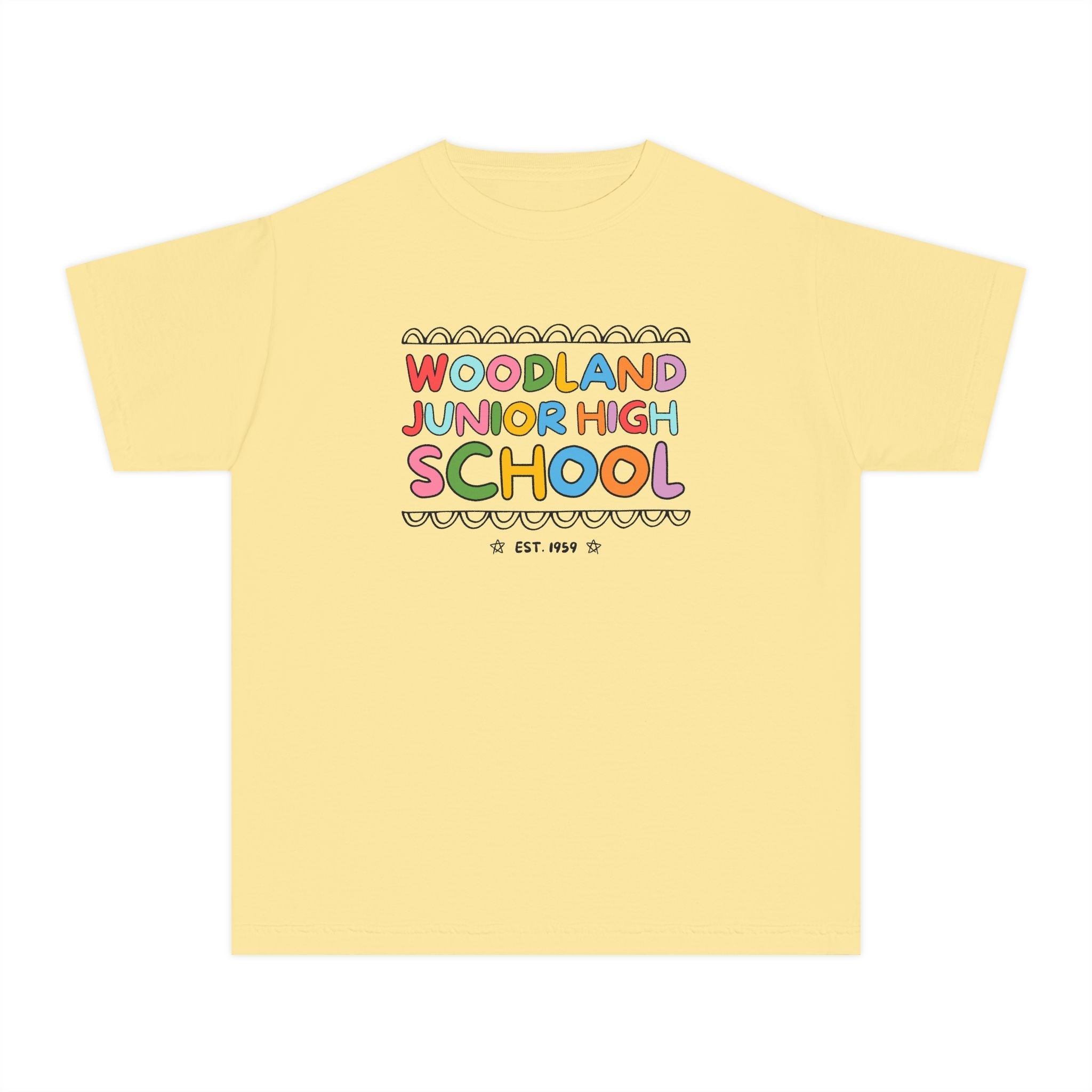 Woodland Junior High: Rainbow Letters Kids Tee Shirt | FPS + Opal and June Kids Tee Shirt, Fayetteville Public Schools - Opal and June