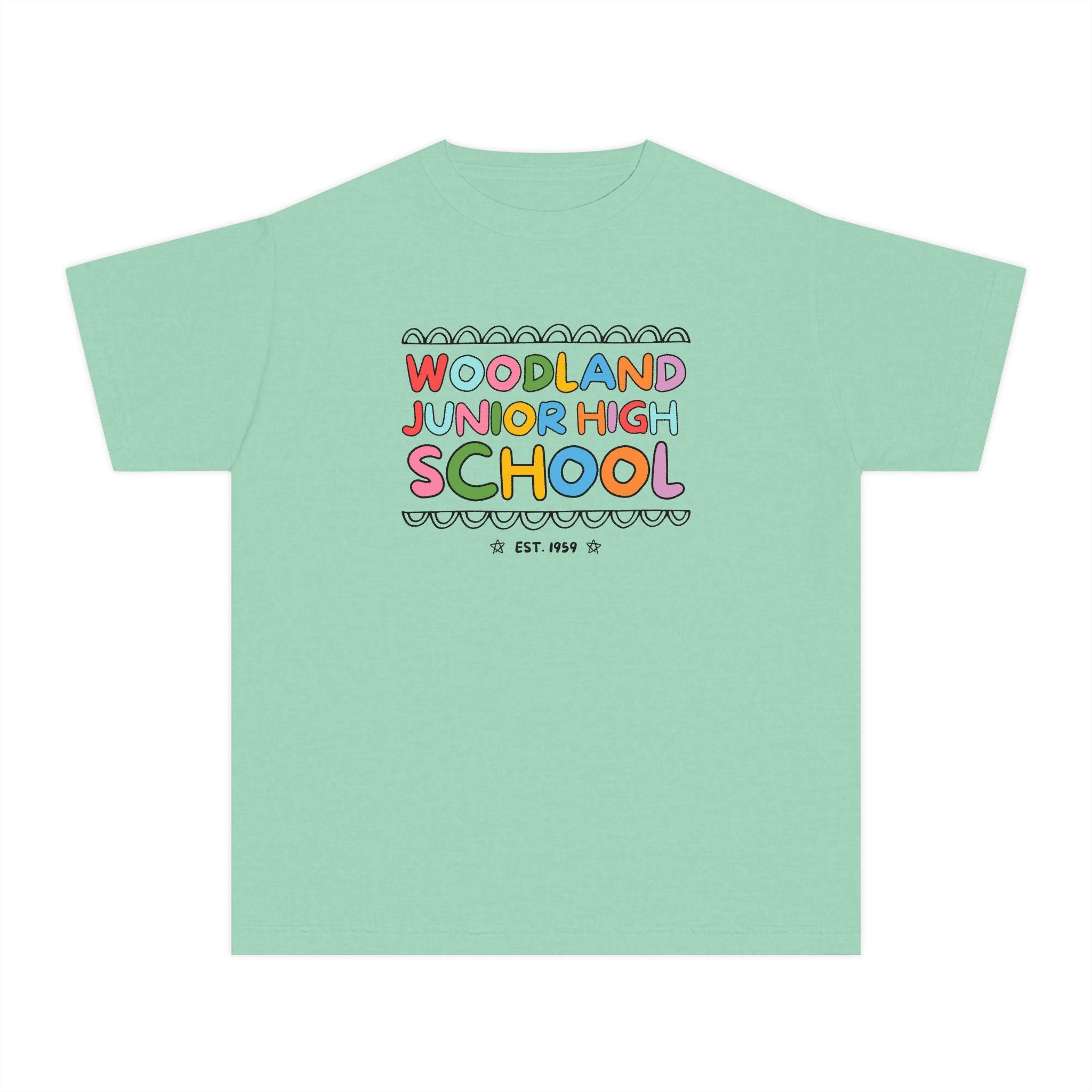Woodland Junior High: Rainbow Letters Kids Tee Shirt | FPS + Opal and June Kids Tee Shirt, Fayetteville Public Schools - Opal and June