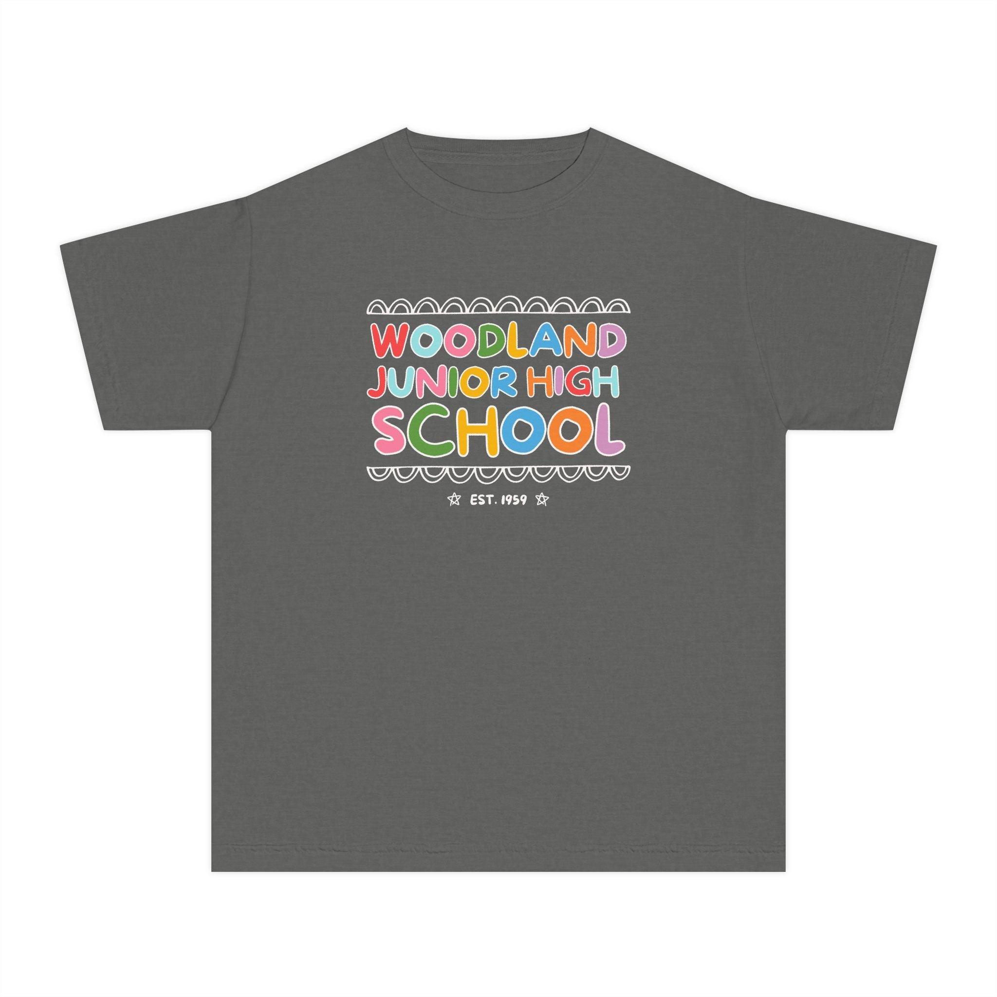 Woodland Junior High: Rainbow Letters Kids Tee Shirt | FPS + Opal and June Kids Tee Shirt, Fayetteville Public Schools - Opal and June
