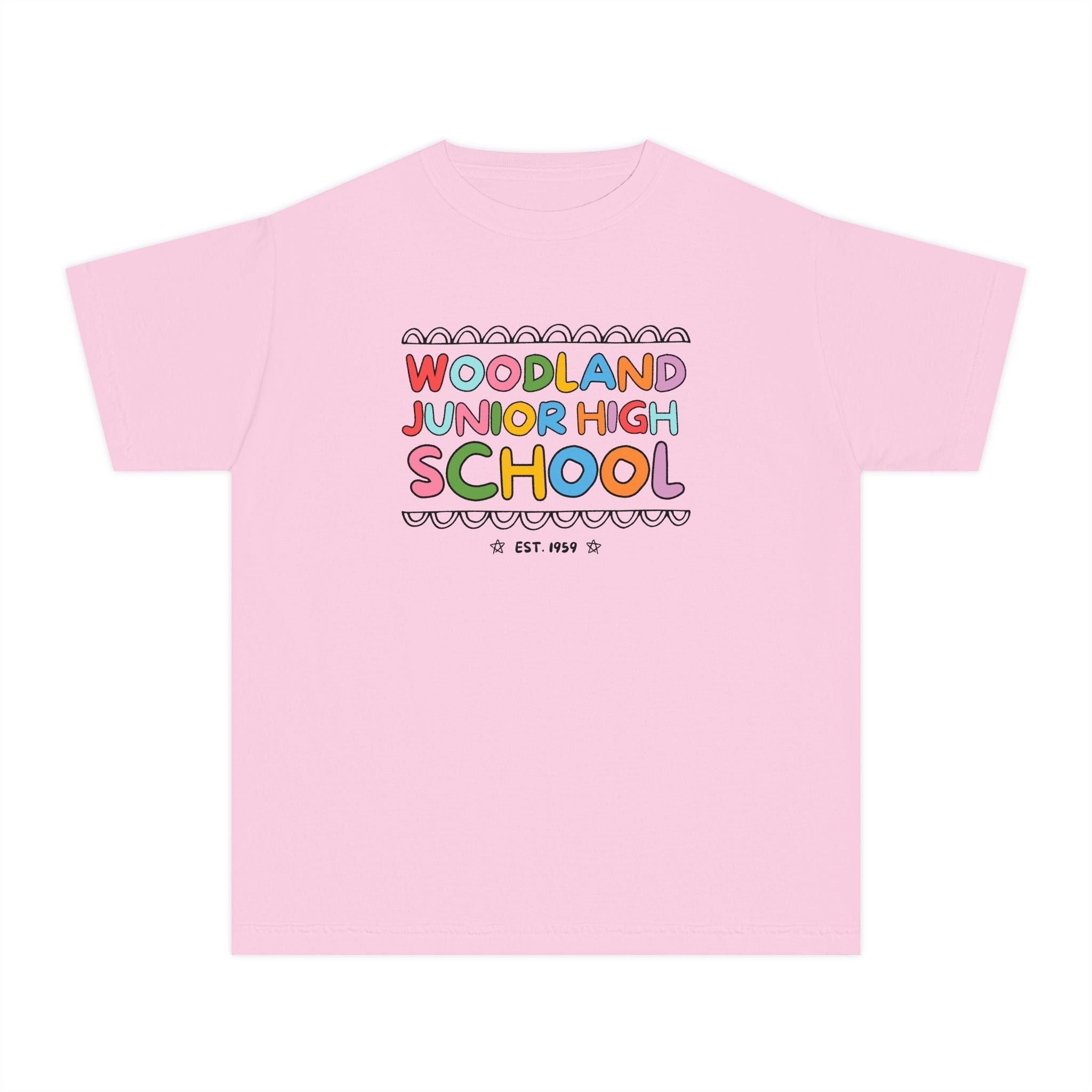 Woodland Junior High: Rainbow Letters Kids Tee Shirt | FPS + Opal and June Kids Tee Shirt, Fayetteville Public Schools - Opal and June