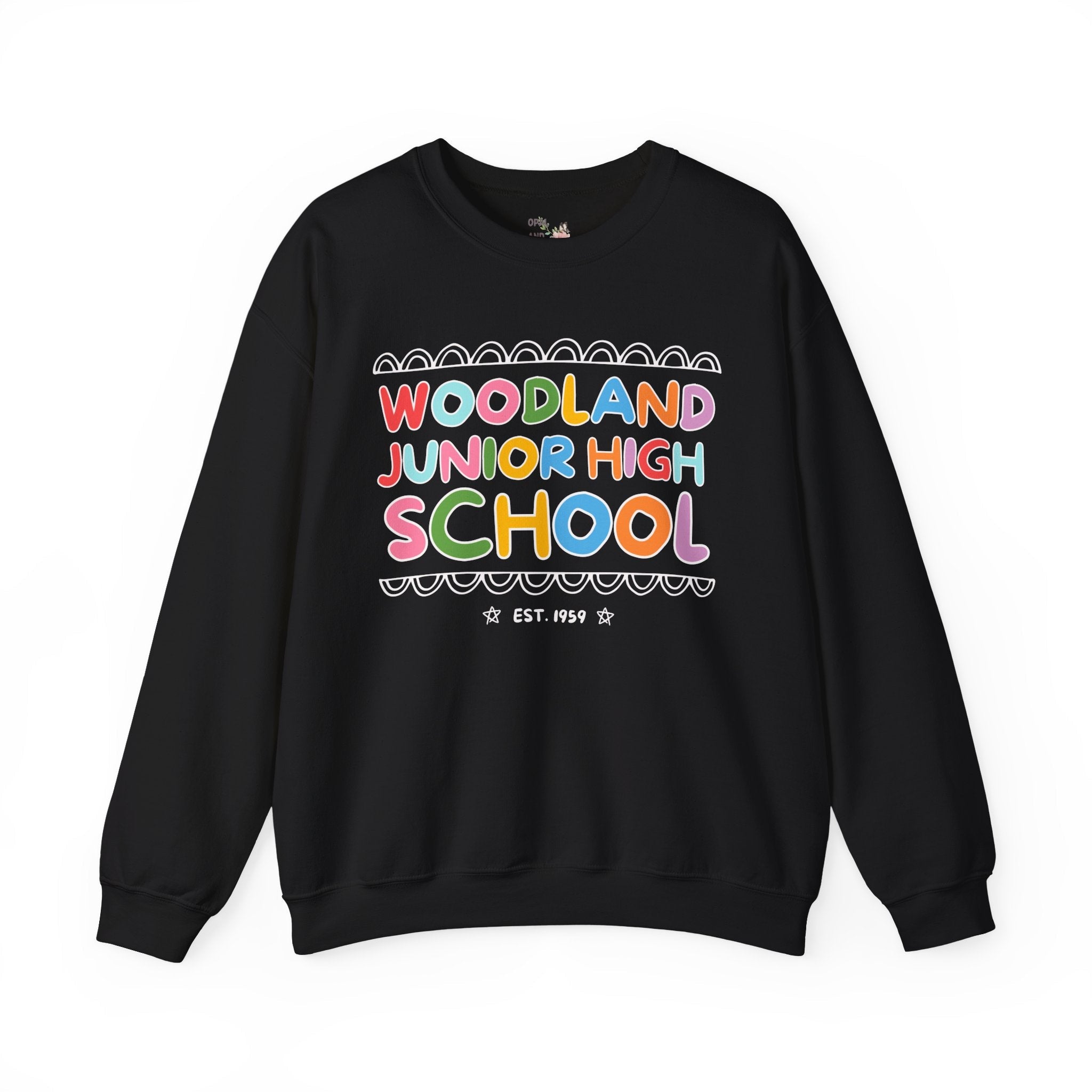 Woodland Junior High: Rainbow Letters Sweatshirt | FPS + Opal and June Sweatshirt, Fayetteville Public Schools - Opal and June