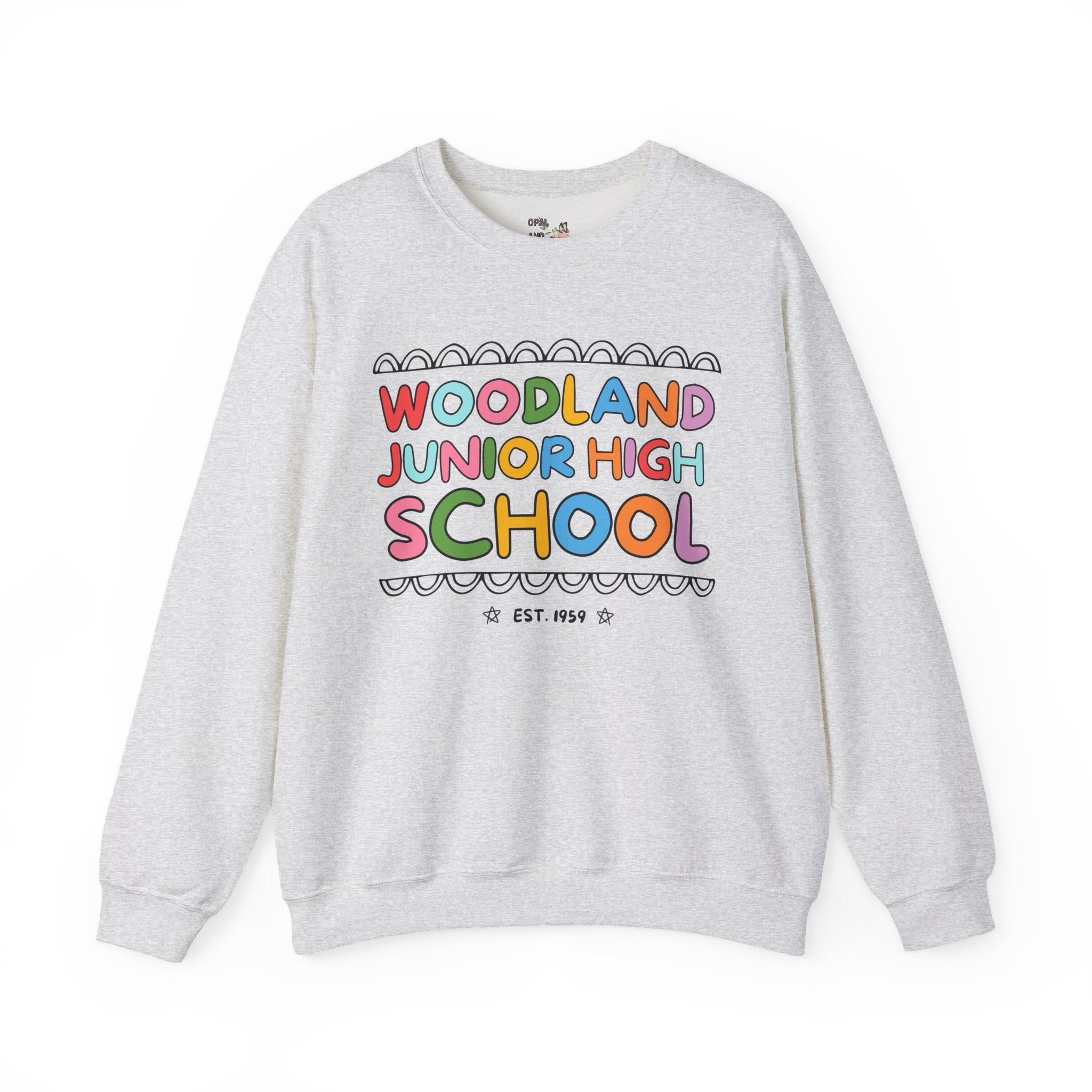 Woodland Junior High: Rainbow Letters Sweatshirt | FPS + Opal and June Sweatshirt, Fayetteville Public Schools - Opal and June