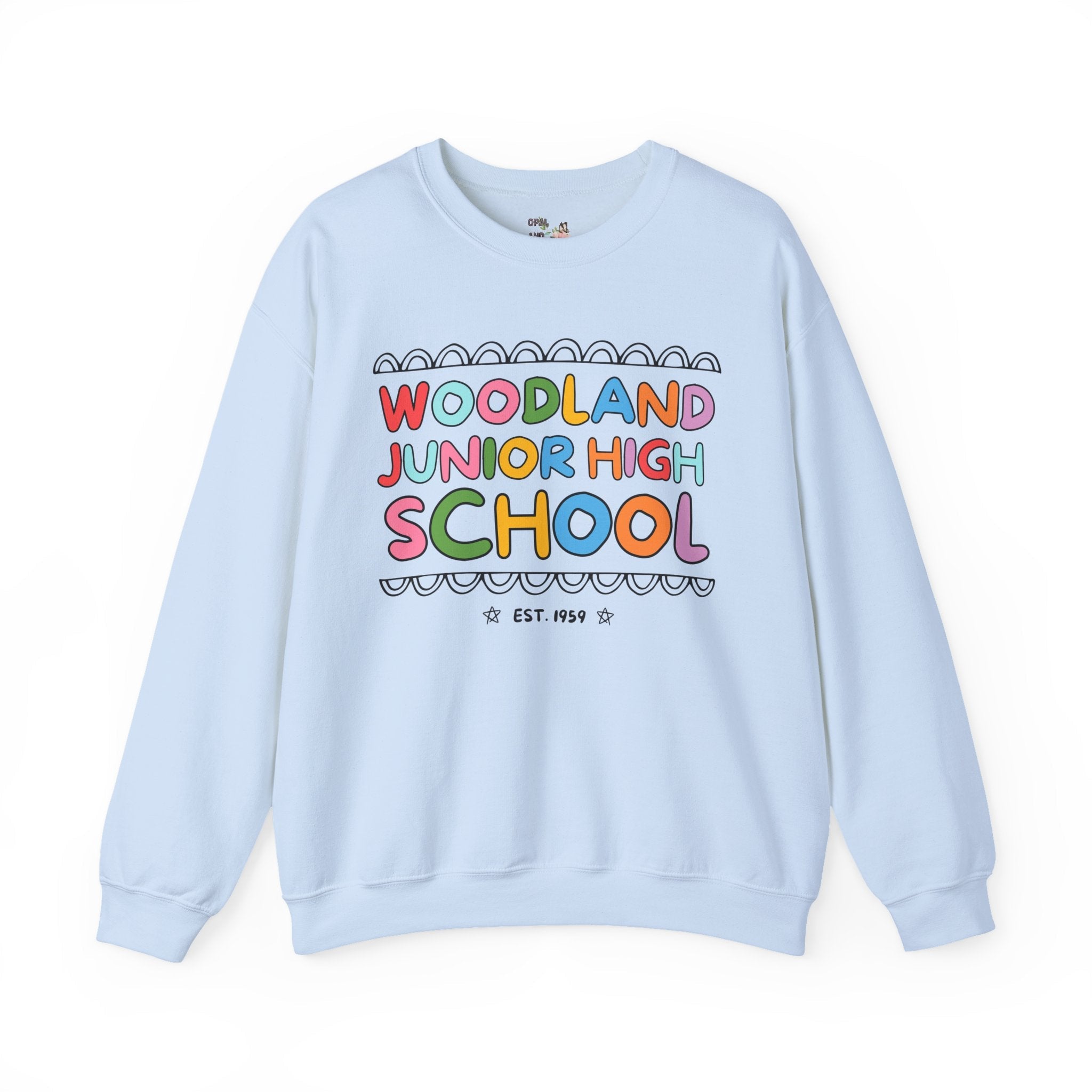 Woodland Junior High: Rainbow Letters Sweatshirt | FPS + Opal and June Sweatshirt, Fayetteville Public Schools - Opal and June
