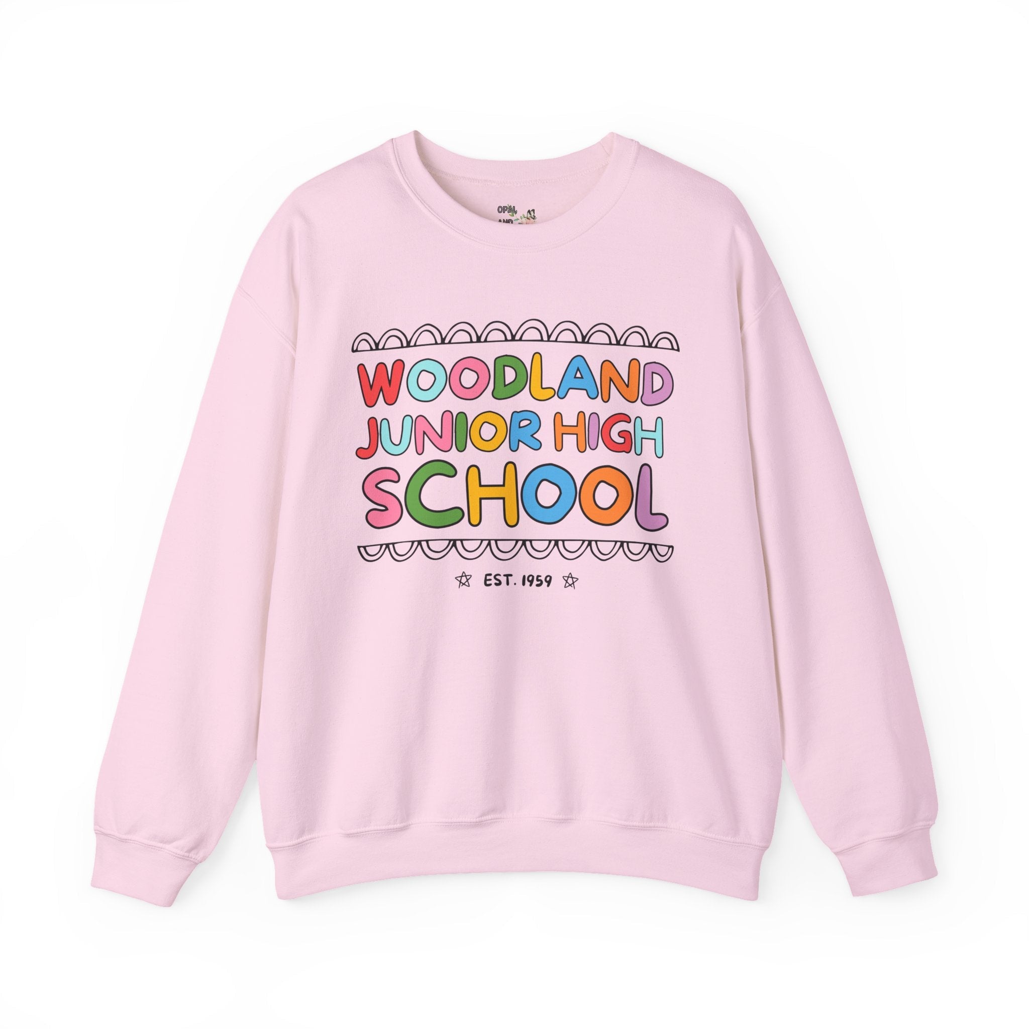 Woodland Junior High: Rainbow Letters Sweatshirt | FPS + Opal and June Sweatshirt, Fayetteville Public Schools - Opal and June