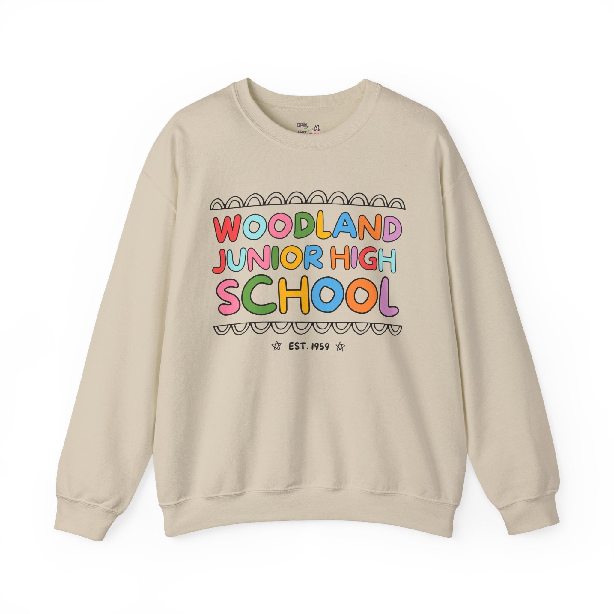 Woodland Junior High: Rainbow Letters Sweatshirt | FPS + Opal and June Sweatshirt, Fayetteville Public Schools - Opal and June