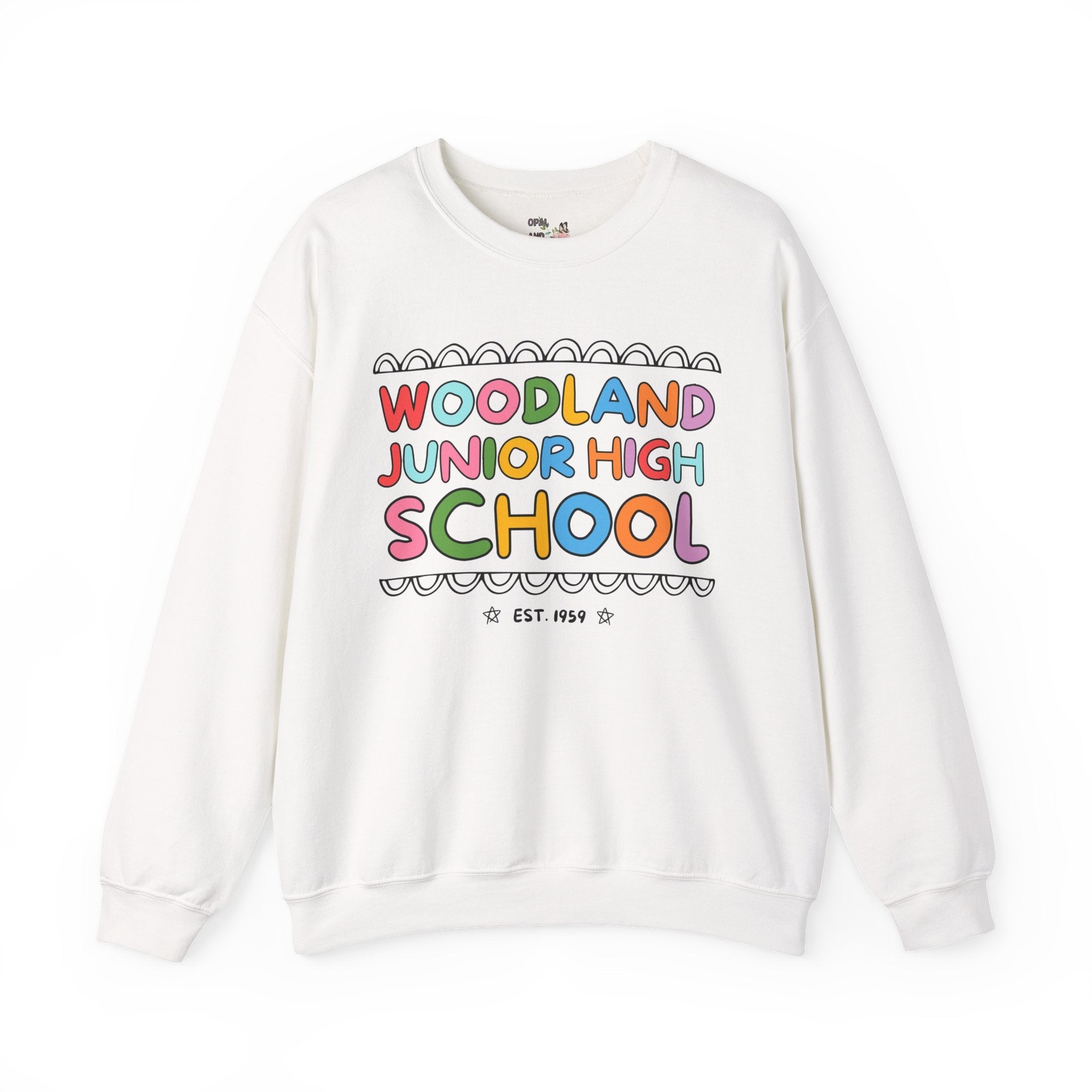 Woodland Junior High: Rainbow Letters Sweatshirt | FPS + Opal and June Sweatshirt, Fayetteville Public Schools - Opal and June