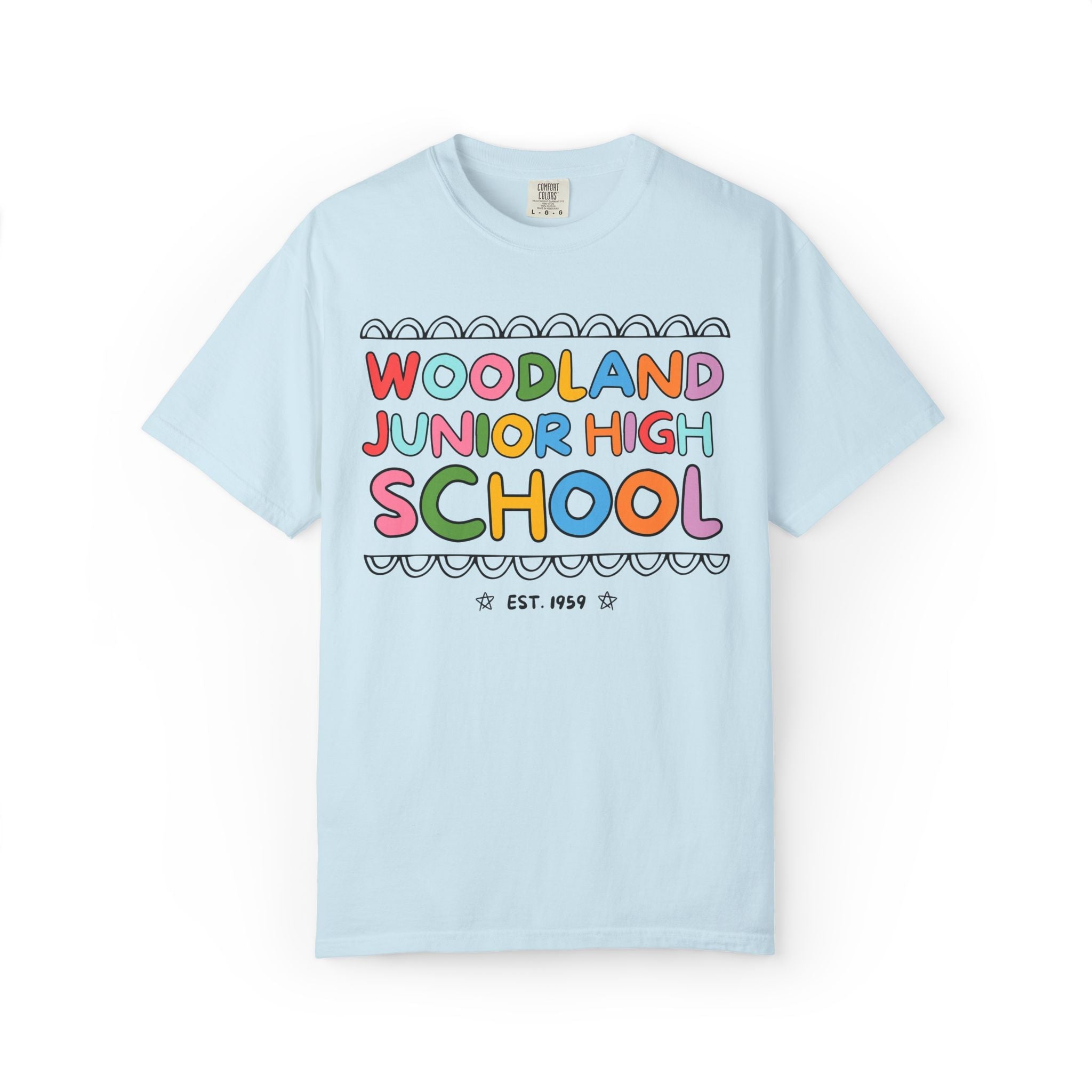 Woodland Junior High: Rainbow Letters Tee Shirt | FPS + Opal and June Tee Shirt, Fayetteville Public Schools - Opal and June