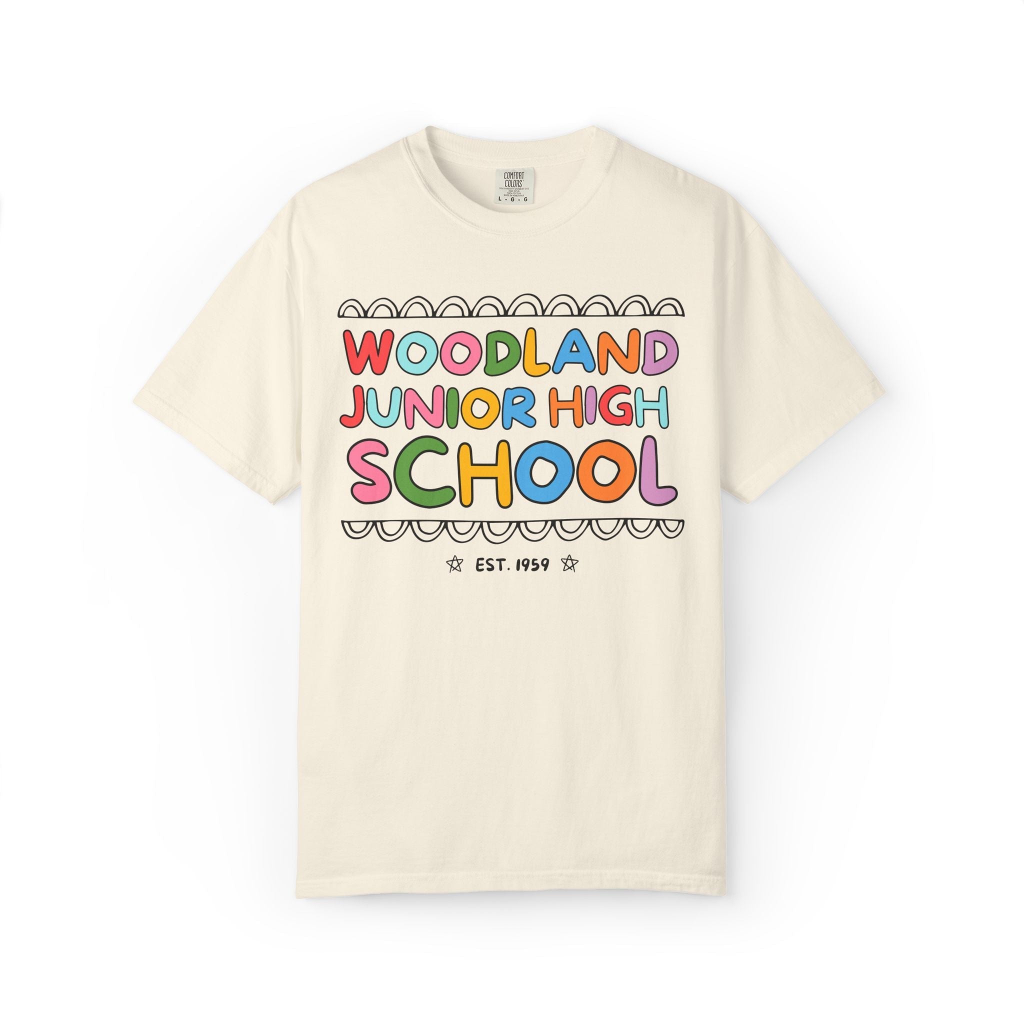 Woodland Junior High: Rainbow Letters Tee Shirt | FPS + Opal and June Tee Shirt, Fayetteville Public Schools - Opal and June