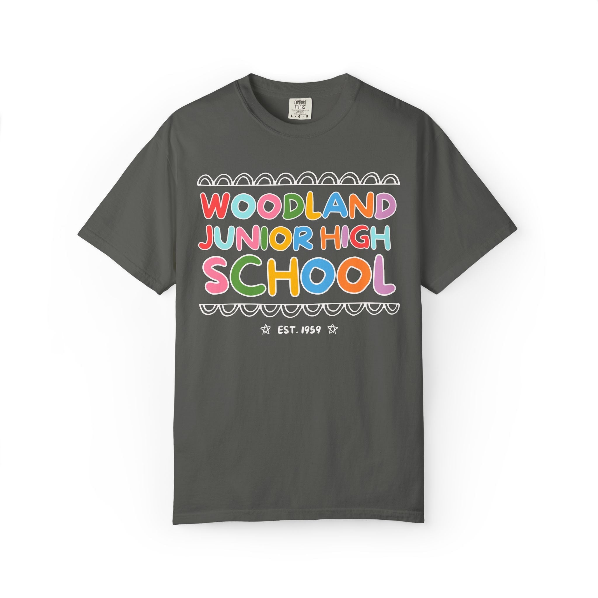 Woodland Junior High: Rainbow Letters Tee Shirt | FPS + Opal and June Tee Shirt, Fayetteville Public Schools - Opal and June
