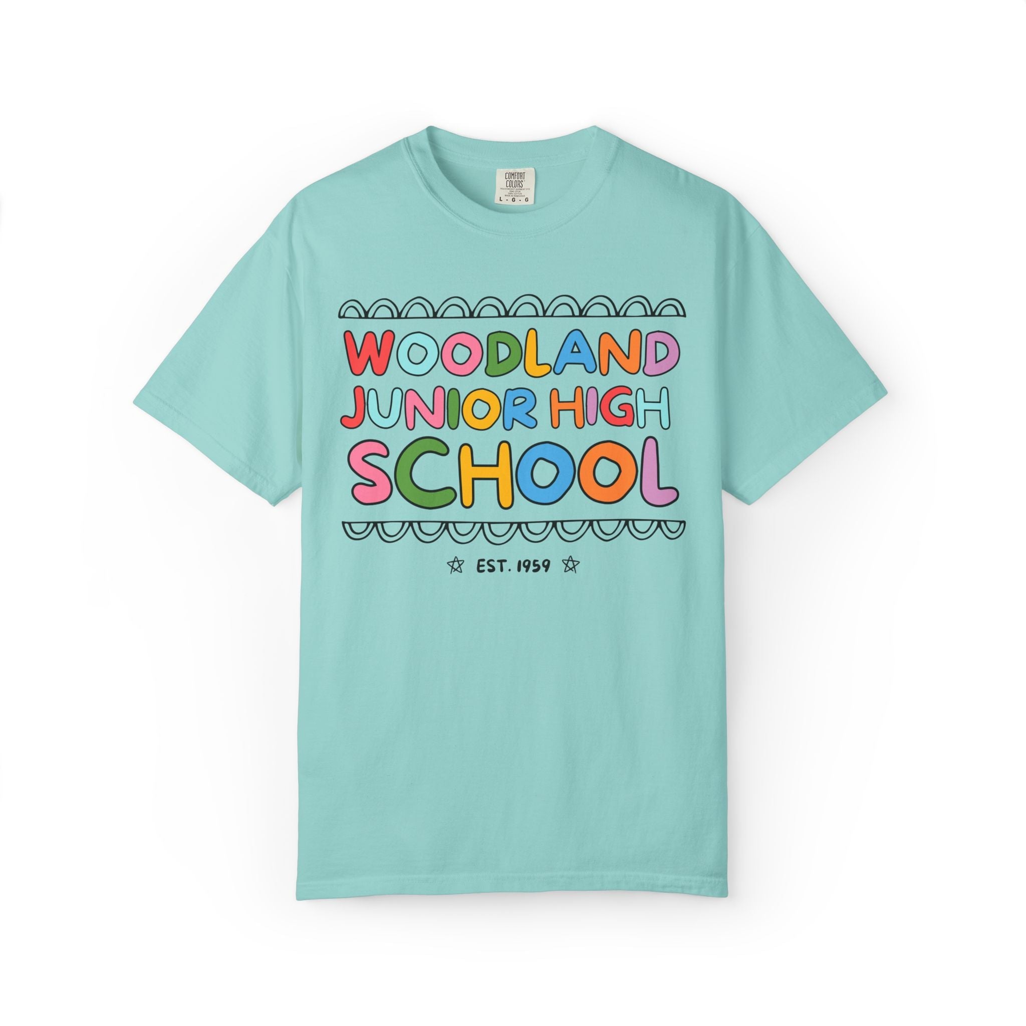 Woodland Junior High: Rainbow Letters Tee Shirt | FPS + Opal and June Tee Shirt, Fayetteville Public Schools - Opal and June