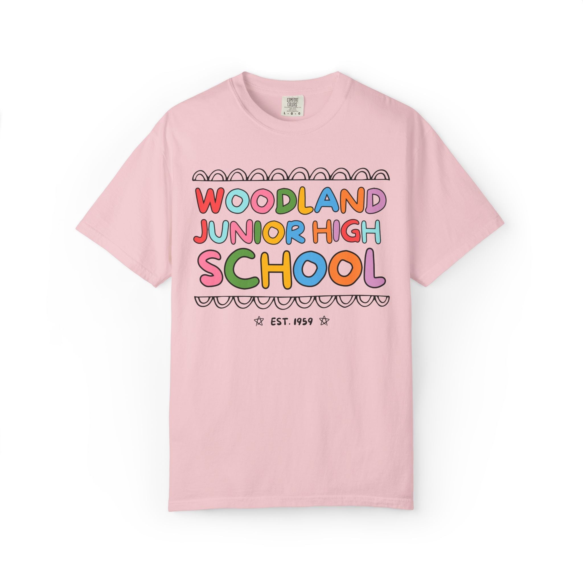 Woodland Junior High: Rainbow Letters Tee Shirt | FPS + Opal and June Tee Shirt, Fayetteville Public Schools - Opal and June
