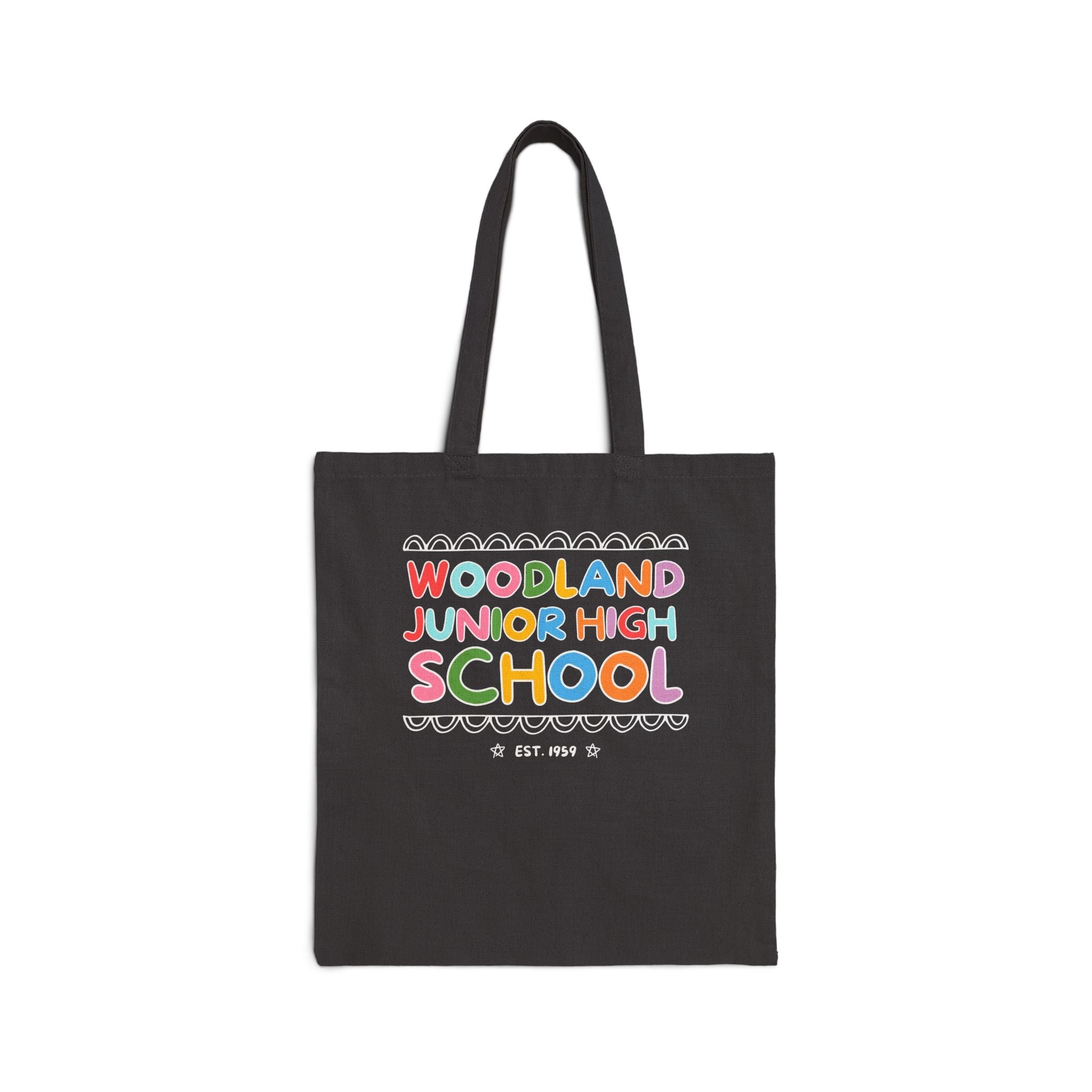 Woodland Junior High: Rainbow Letters Tote Bag | FPS + Opal and June Tote Bag, Fayetteville Public Schools - Opal and June