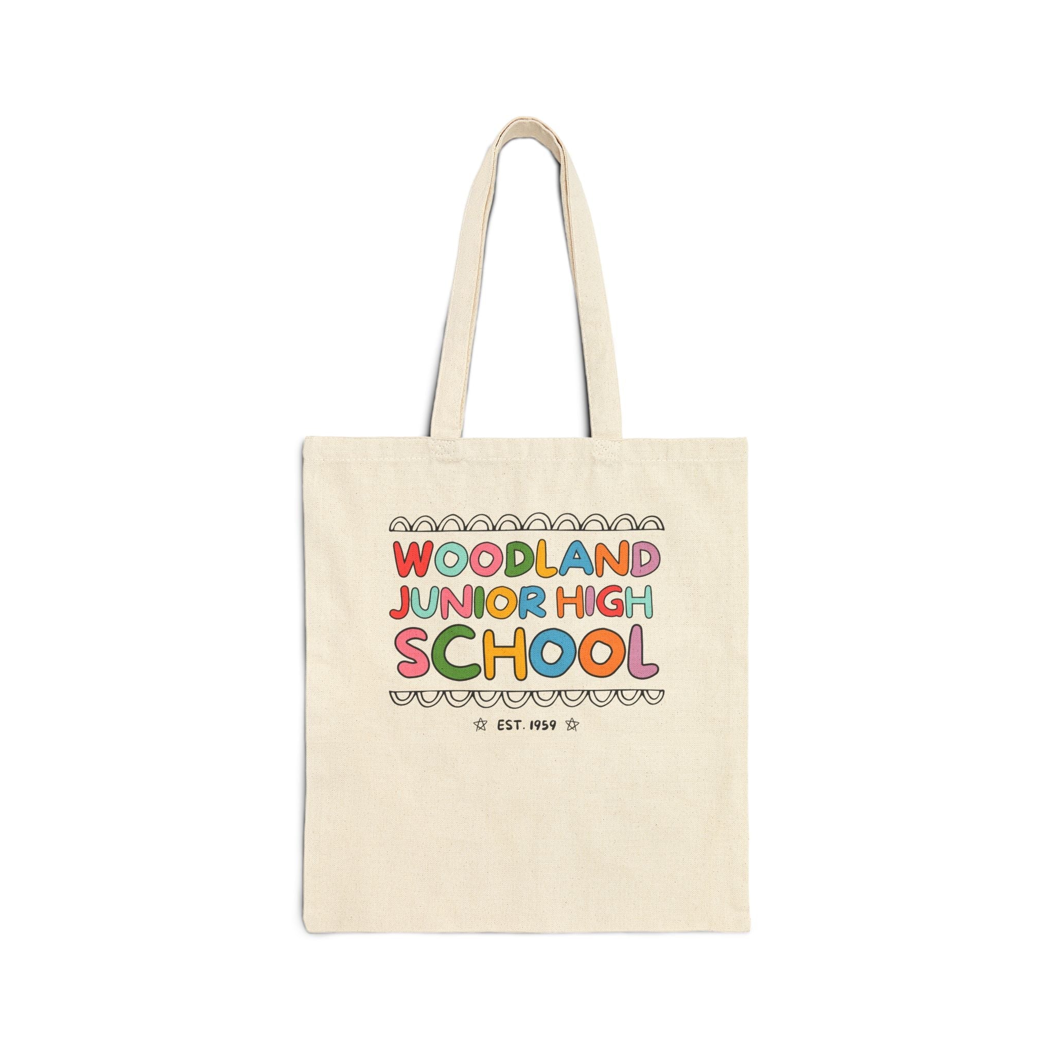 Woodland Junior High: Rainbow Letters Tote Bag | FPS + Opal and June Tote Bag, Fayetteville Public Schools - Opal and June