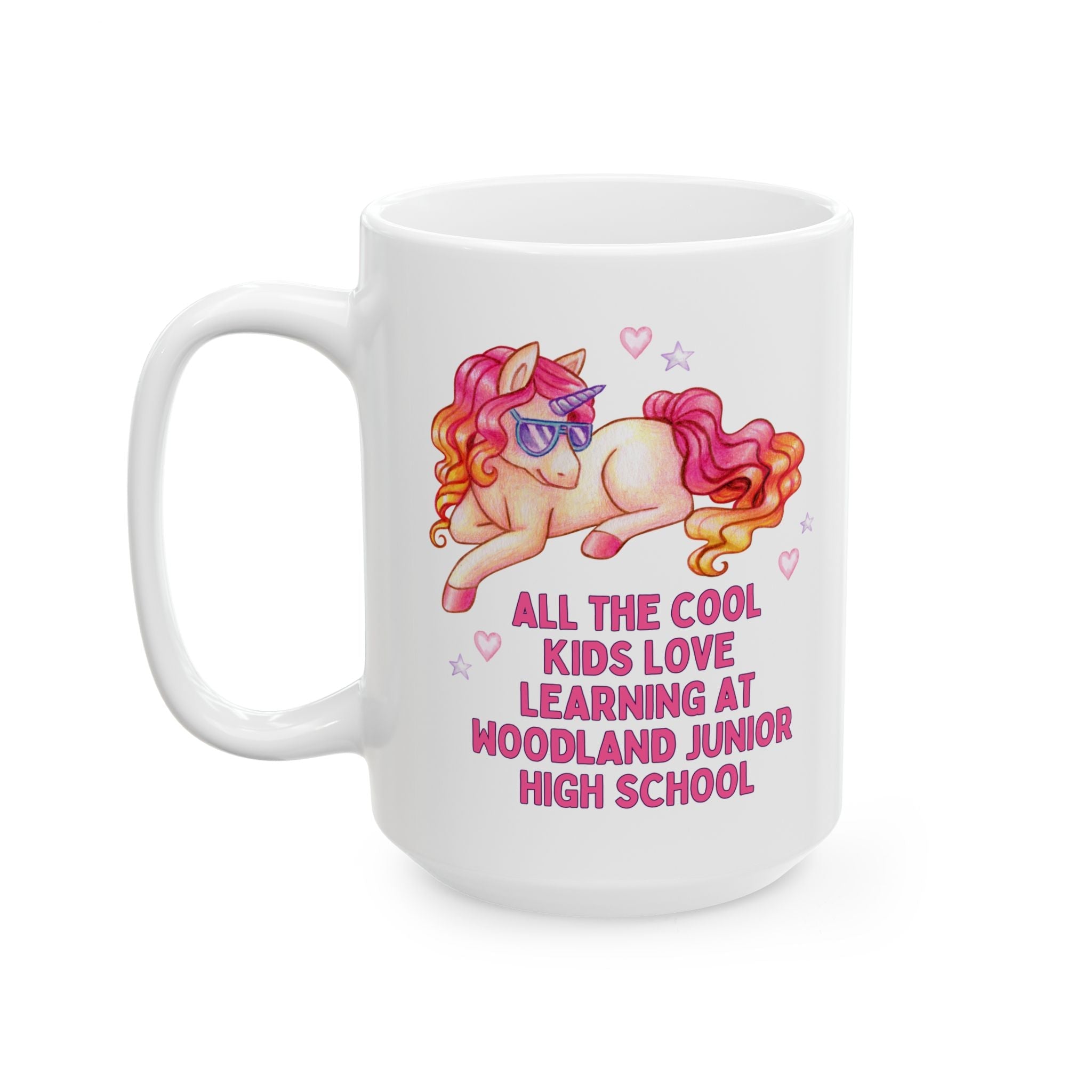 Woodland Junior High School 15 Oz Coffee Mug: All the Cool Kids Love Learning at Woodland Junior High | FPS + Opal and June Mug, Fayetteville Public Schools - Opal and June