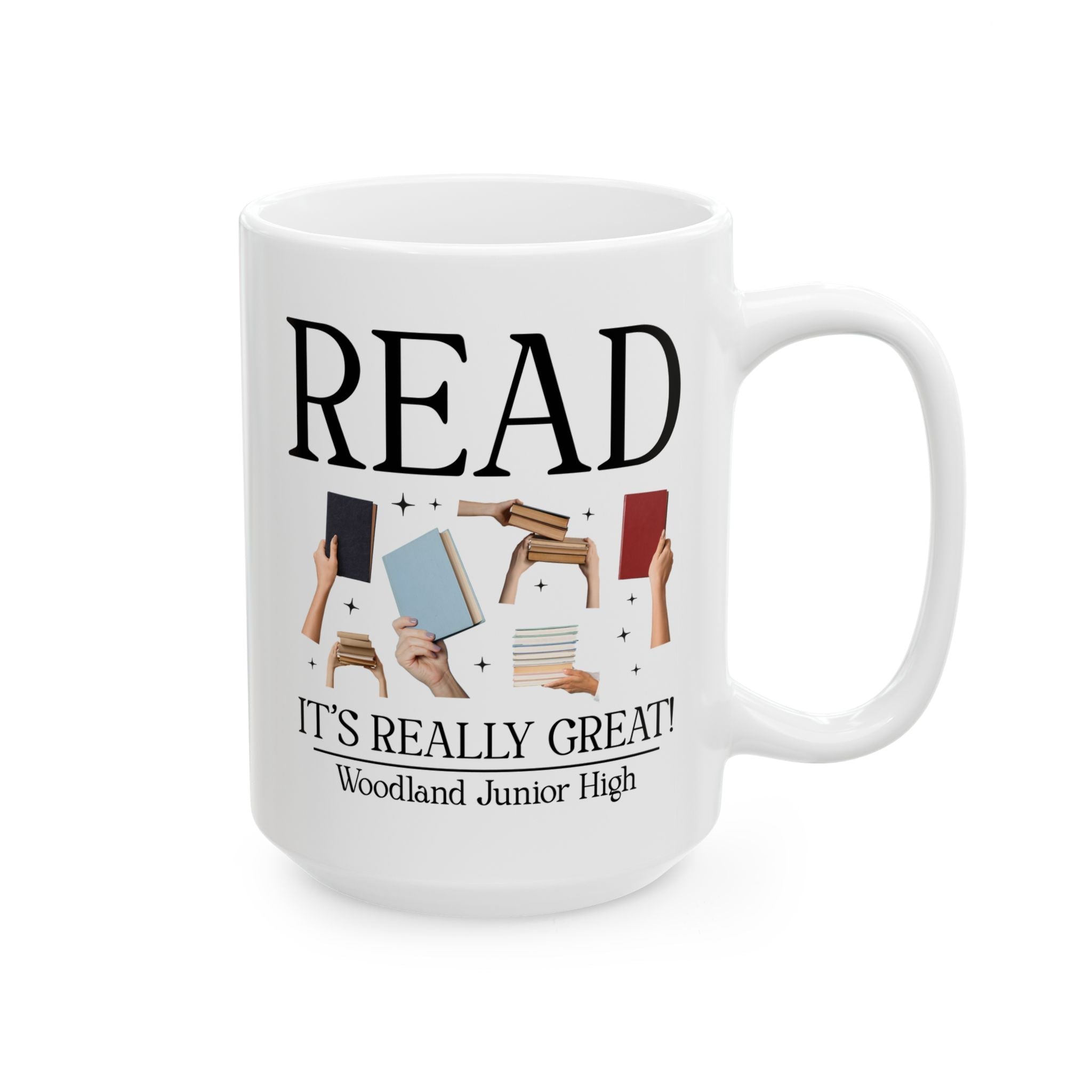 Woodland Junior High School Coffee Mug: Read! It's Really Great! | FPS + Opal and June 15 Oz Coffee Mug, Fayetteville Public Schools - Opal and June