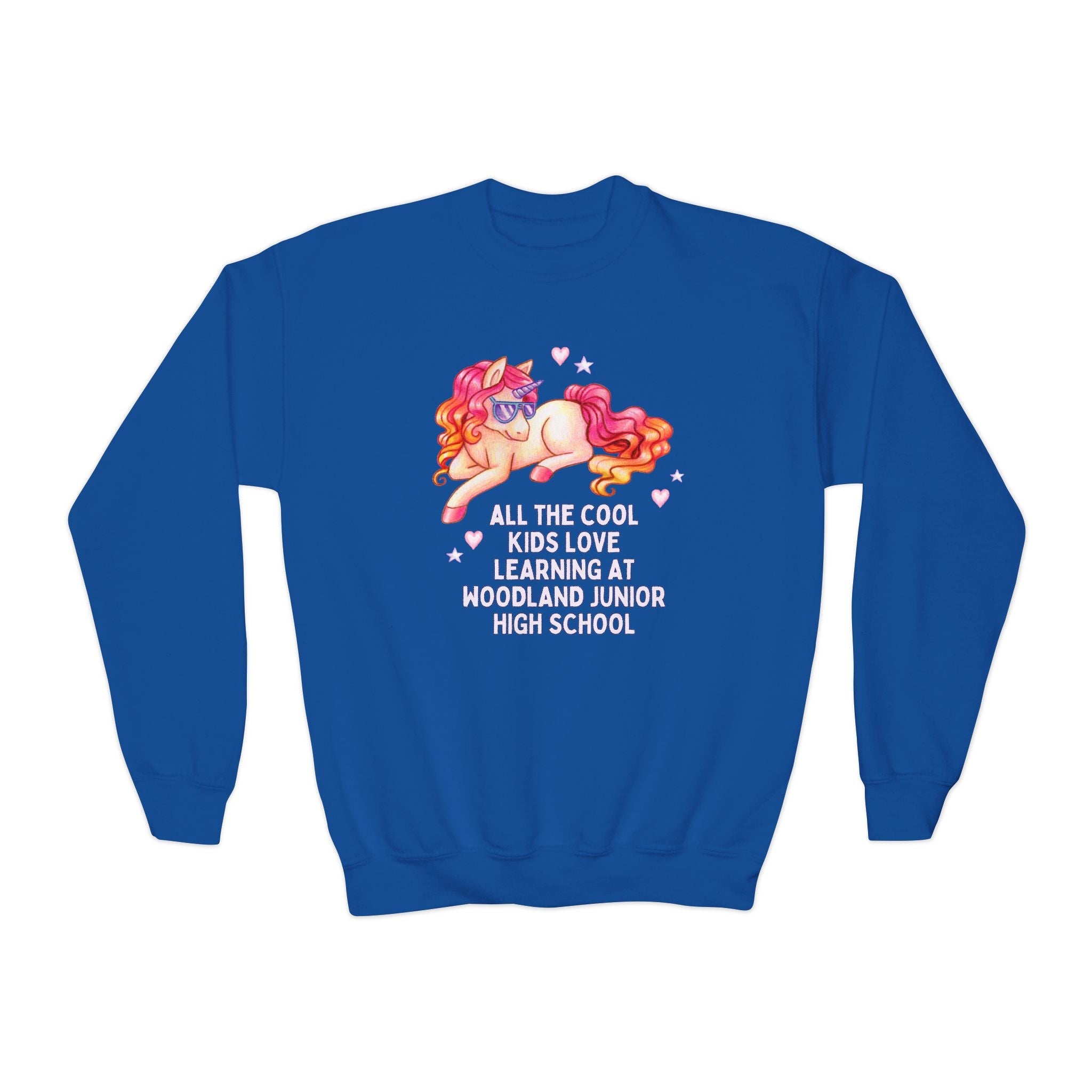 Woodland Junior High School Kids Sweatshirt: All the Cool Kids Love Learning at Woodland Junior High | FPS + Opal and June Kids Sweatshirt, Fayetteville Public Schools - Opal and June