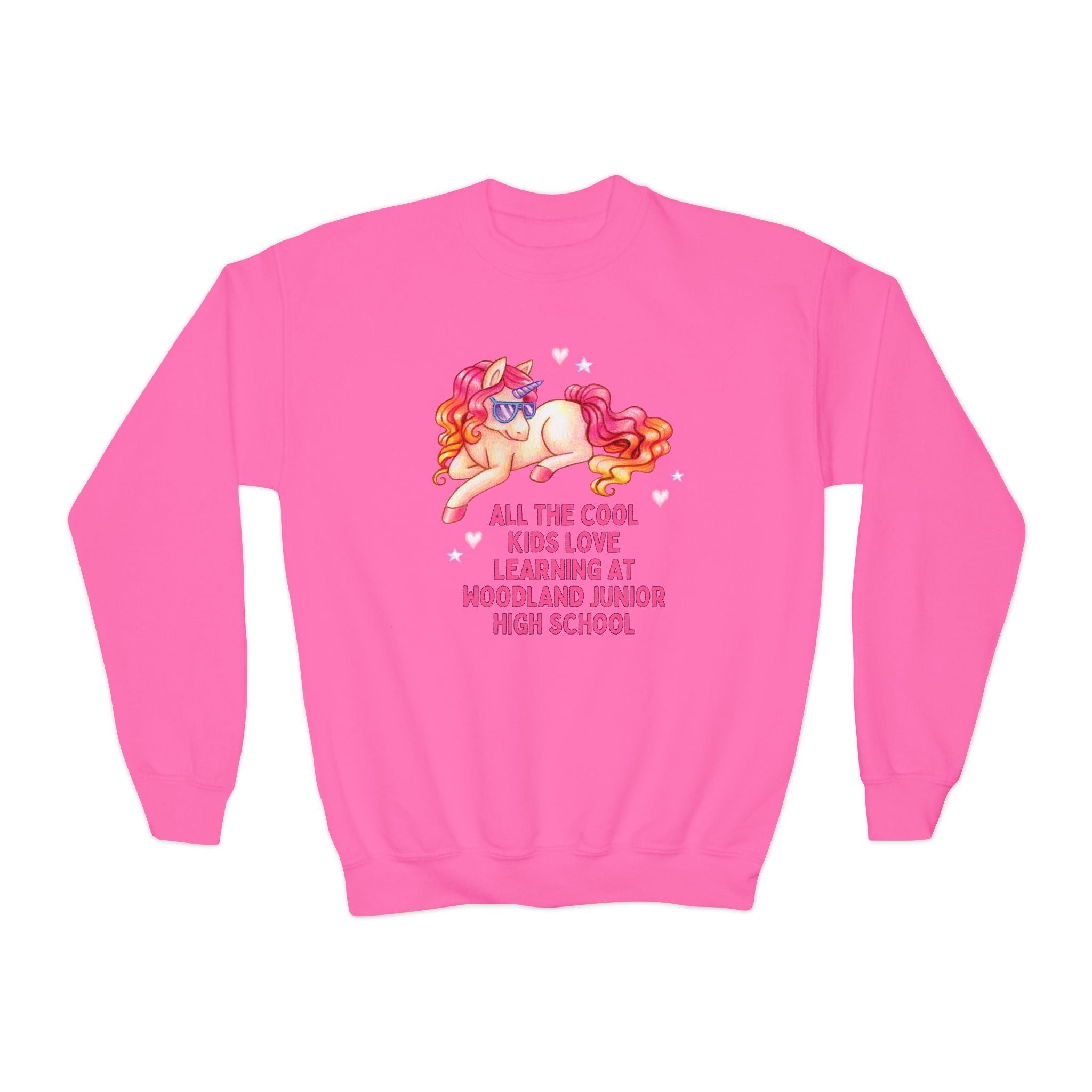 Woodland Junior High School Kids Sweatshirt: All the Cool Kids Love Learning at Woodland Junior High | FPS + Opal and June Kids Sweatshirt, Fayetteville Public Schools - Opal and June