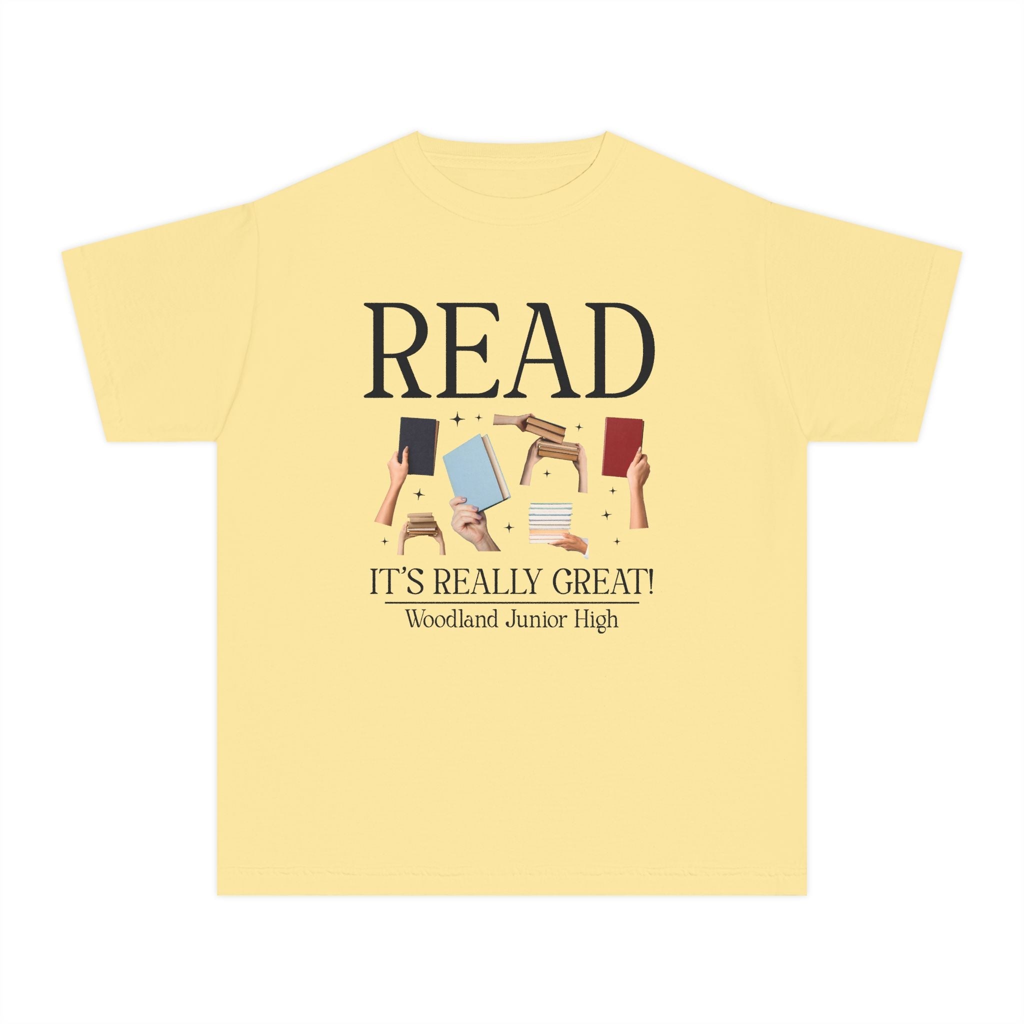 Woodland Junior High School Kids Tee Shirt: Read! It's Really Great! | FPS + Opal and June Kids Tee Shirt, Fayetteville Public Schools - Opal and June