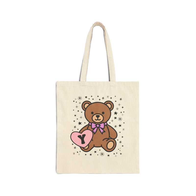 Y: Bear Holding a Heart Tote Bag with Initial - Opal and June
